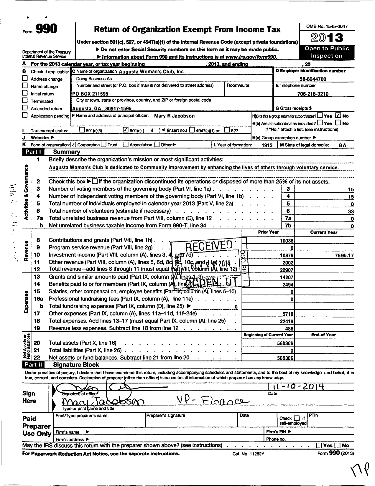 Image of first page of 2013 Form 990O for Augusta Womans Club