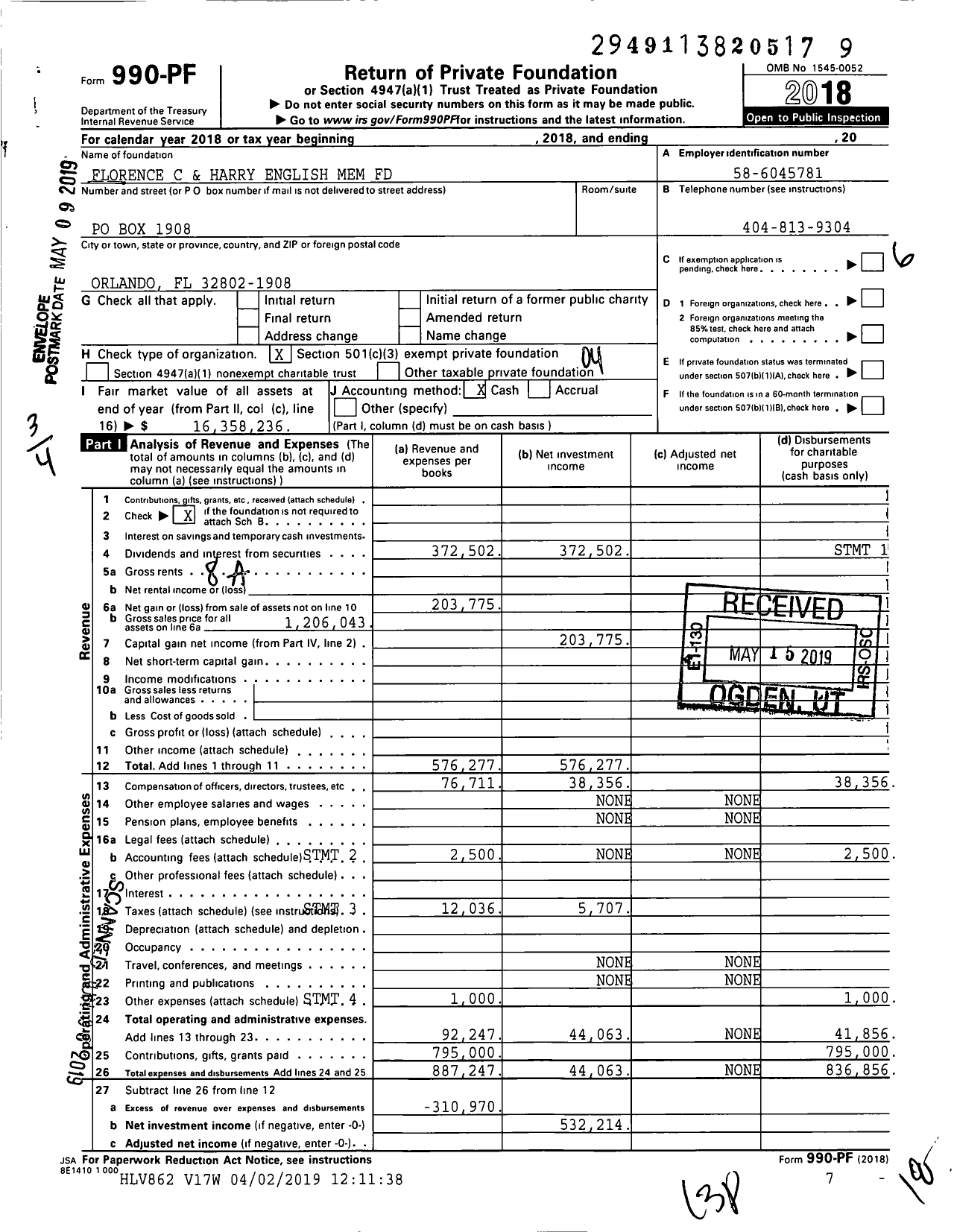 Image of first page of 2018 Form 990PF for The Florence Harry English Mem Fund