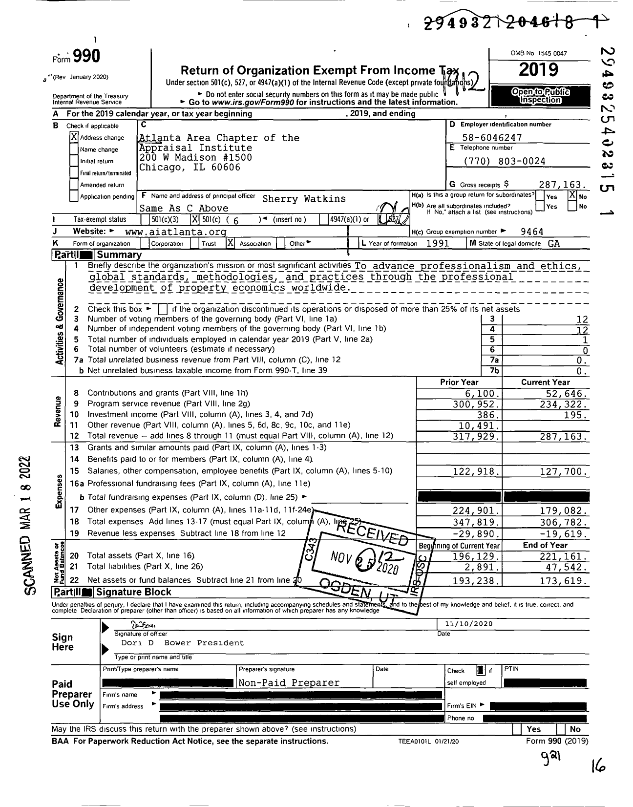 Image of first page of 2019 Form 990O for Atlanta Area Chapter of the Appraisal Institute