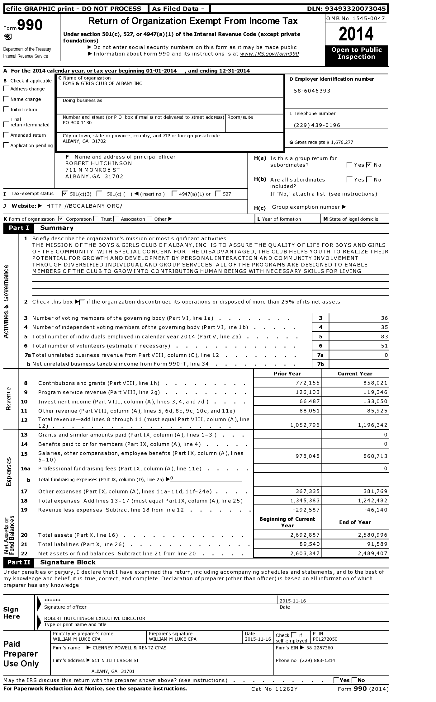 Image of first page of 2014 Form 990 for Boys and Girls Club of Albany