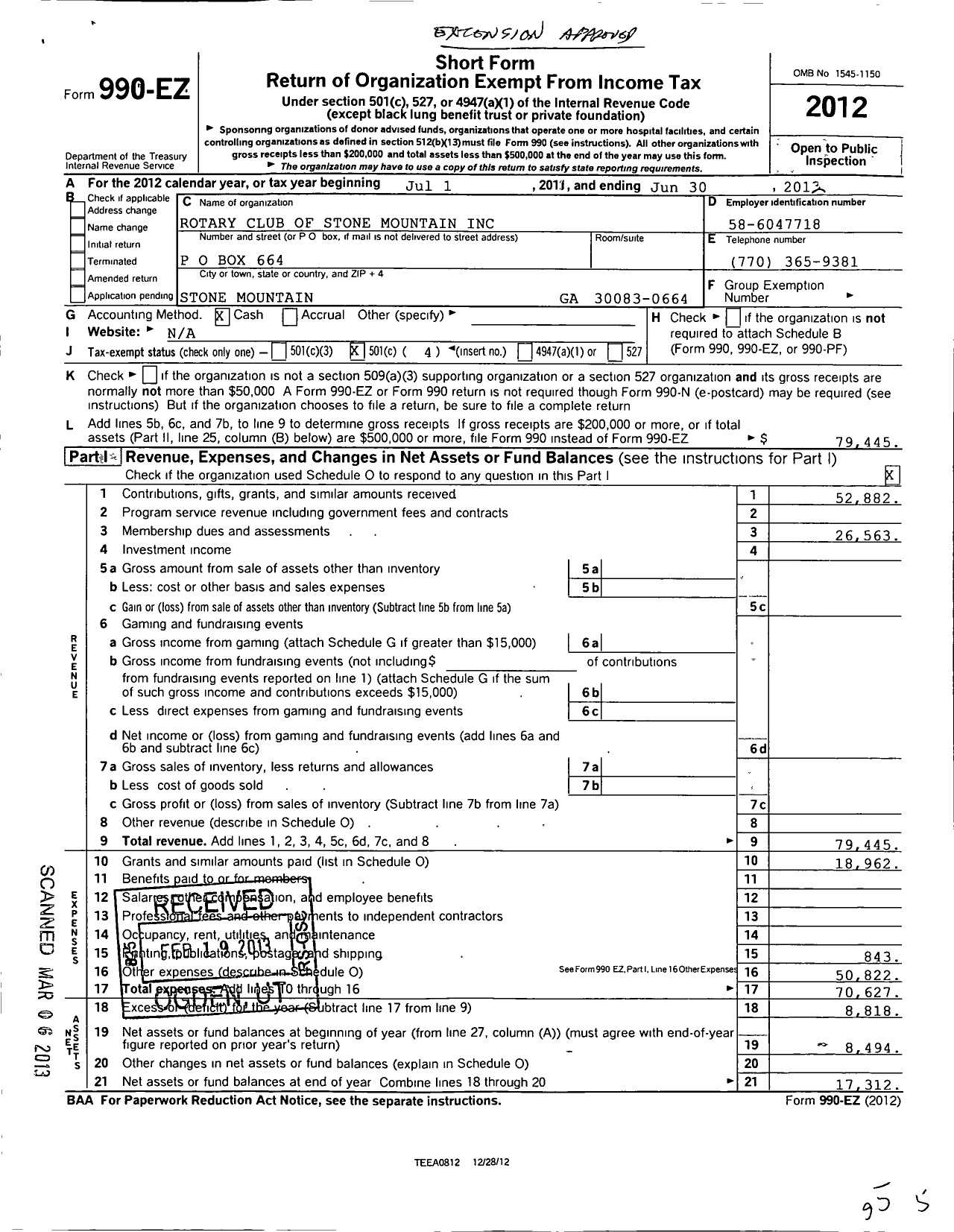 Image of first page of 2011 Form 990EO for Rotary Club of Stone Mountain