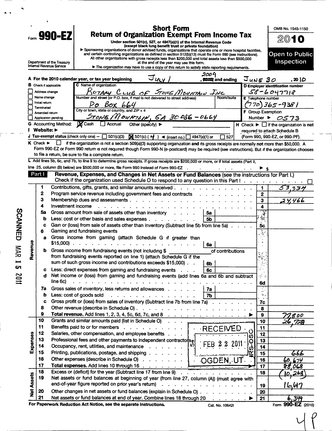 Image of first page of 2009 Form 990EO for Rotary Club of Stone Mountain