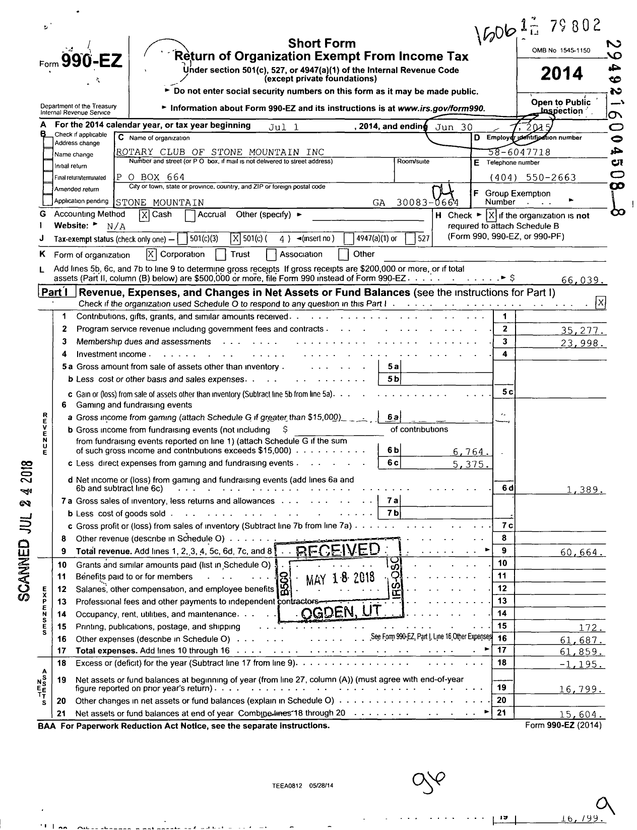 Image of first page of 2014 Form 990EO for Rotary Club of Stone Mountain