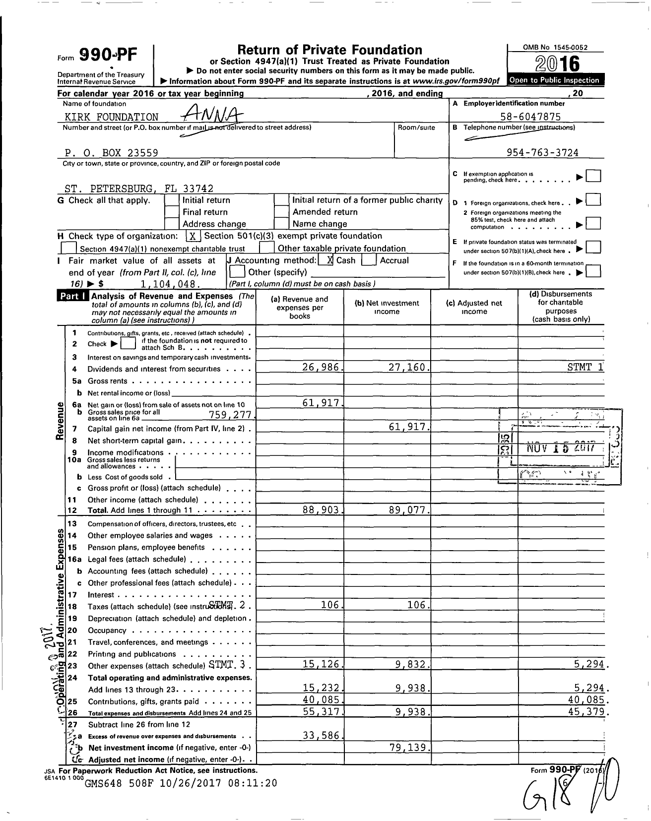 Image of first page of 2016 Form 990PF for Kirk Foundation