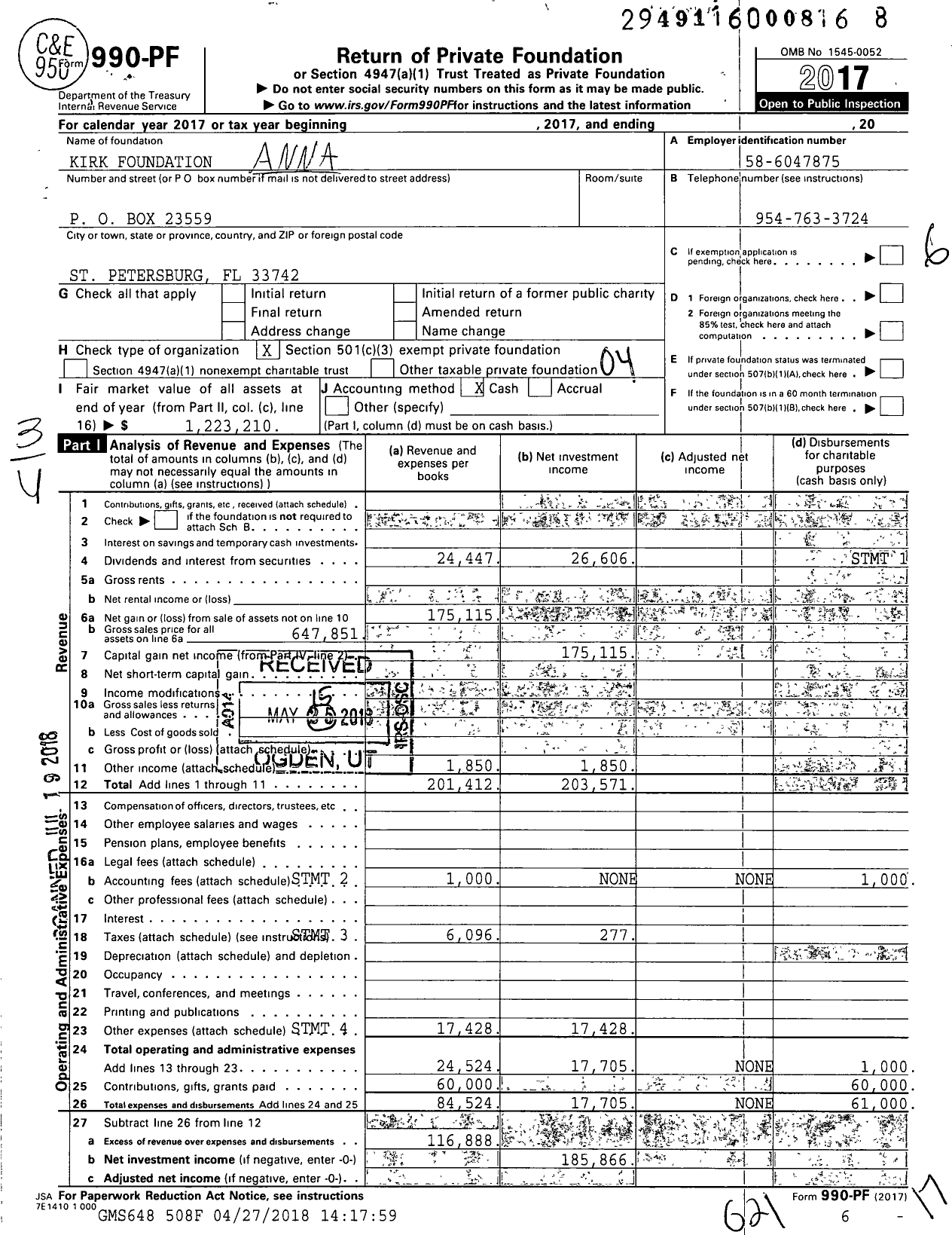Image of first page of 2017 Form 990PF for Kirk Foundation