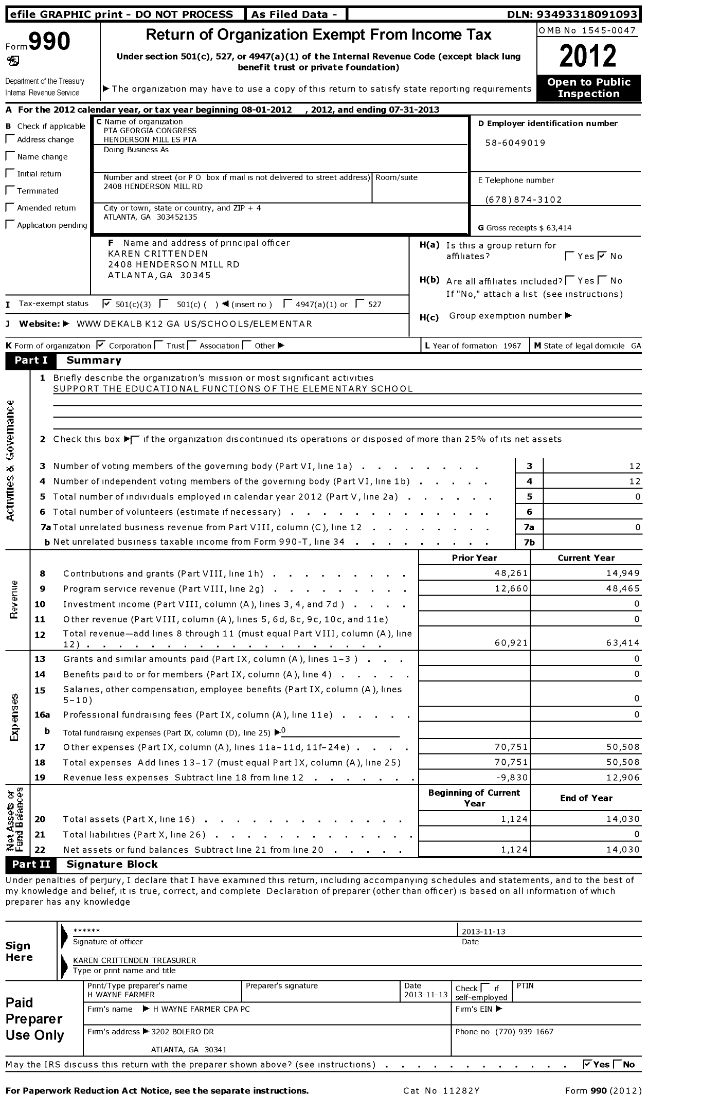 Image of first page of 2012 Form 990 for Georgia PTA - Henderson Mill Es PTA