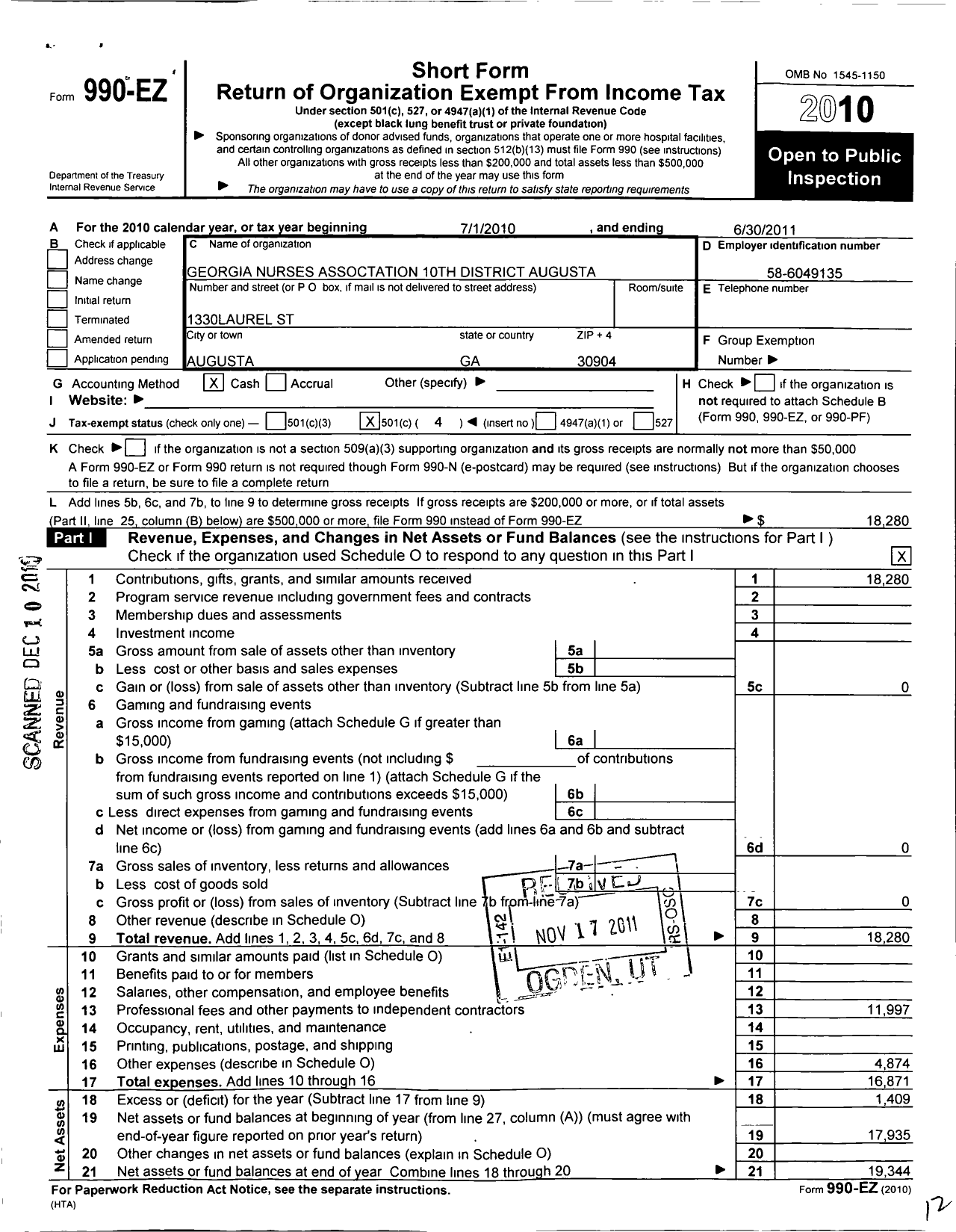 Image of first page of 2010 Form 990EO for Georgia Nurses Association / 10TH District Augusta