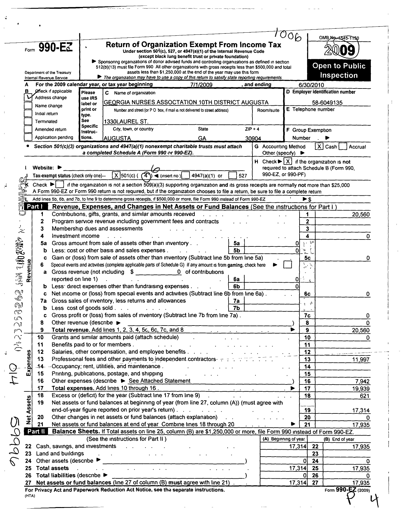 Image of first page of 2009 Form 990EO for Georgia Nurses Association / 10TH District Augusta