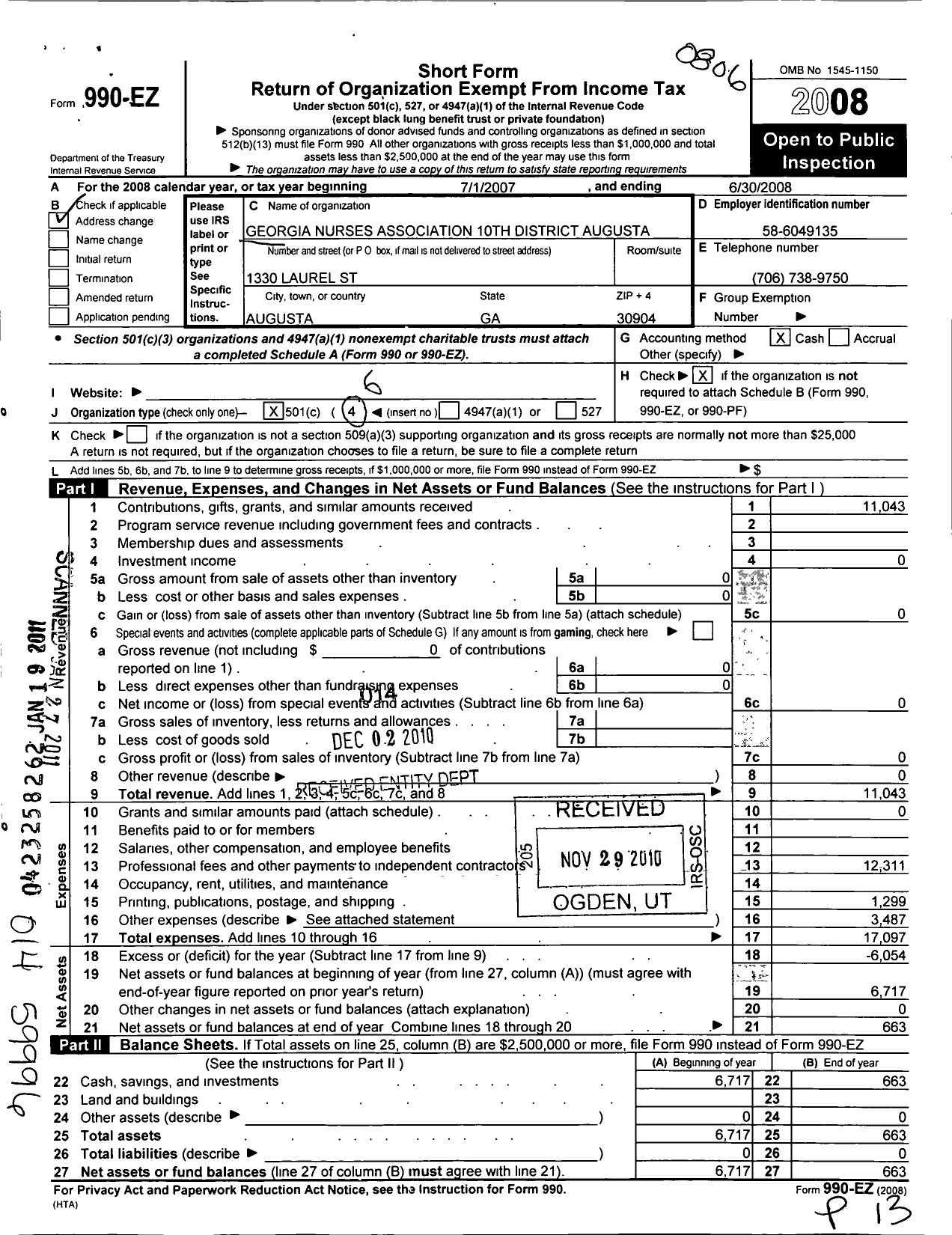 Image of first page of 2007 Form 990EO for Georgia Nurses Association / 10TH District Augusta