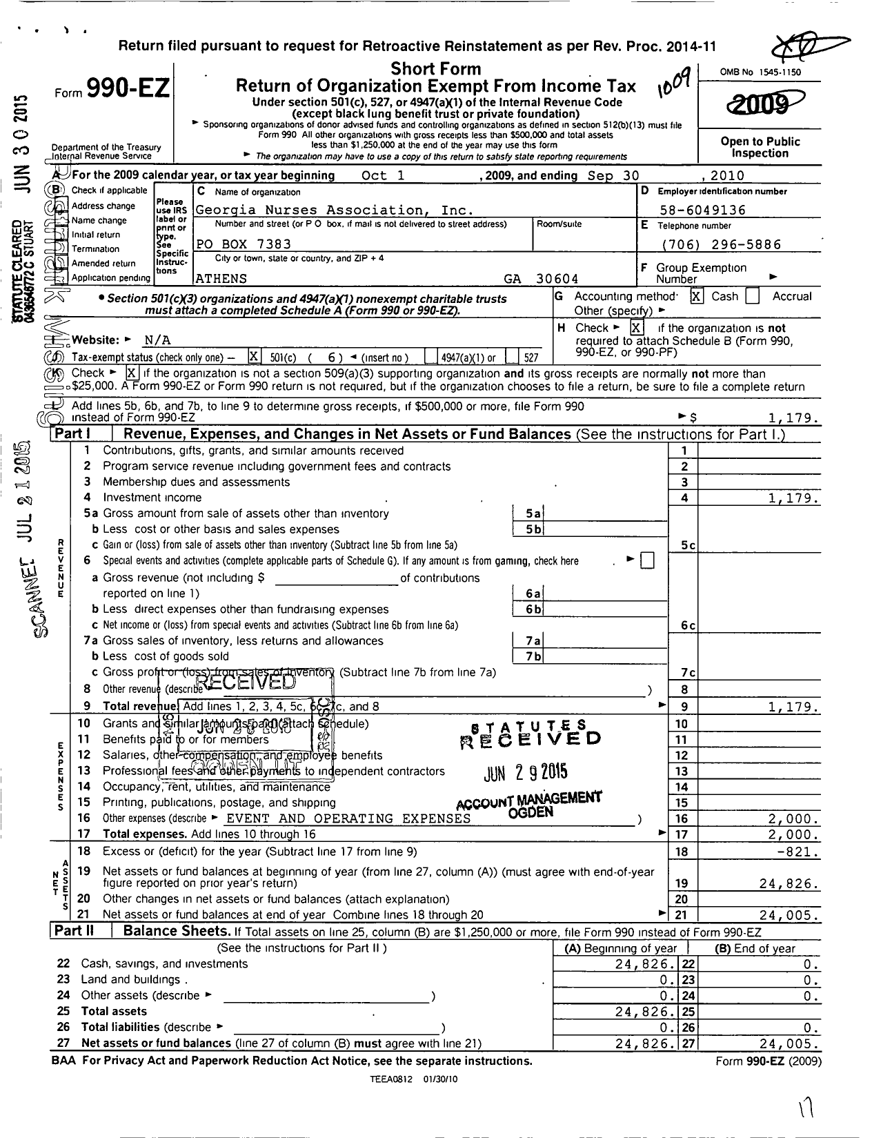 Image of first page of 2009 Form 990EO for Athens Chapter of the Georgia Nurses Association