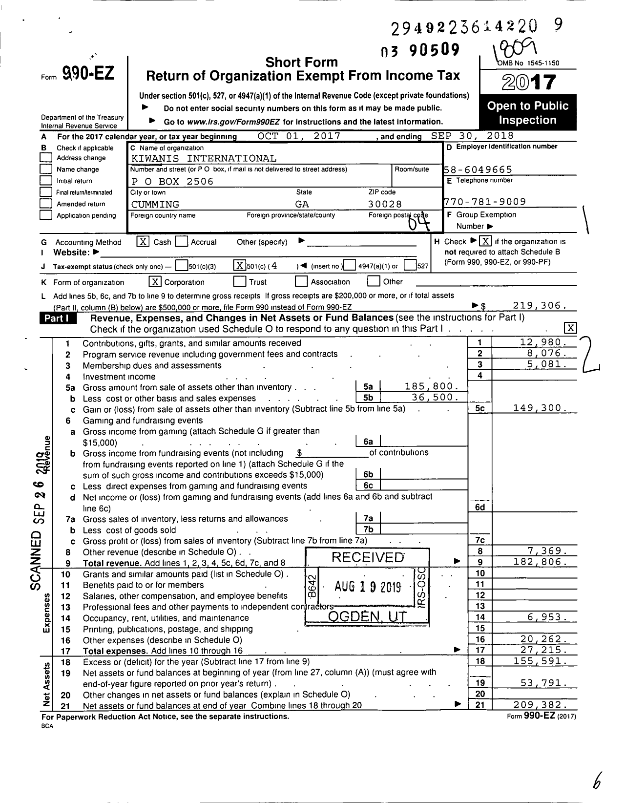 Image of first page of 2017 Form 990EO for Kiwanis International - K03091 Cumming