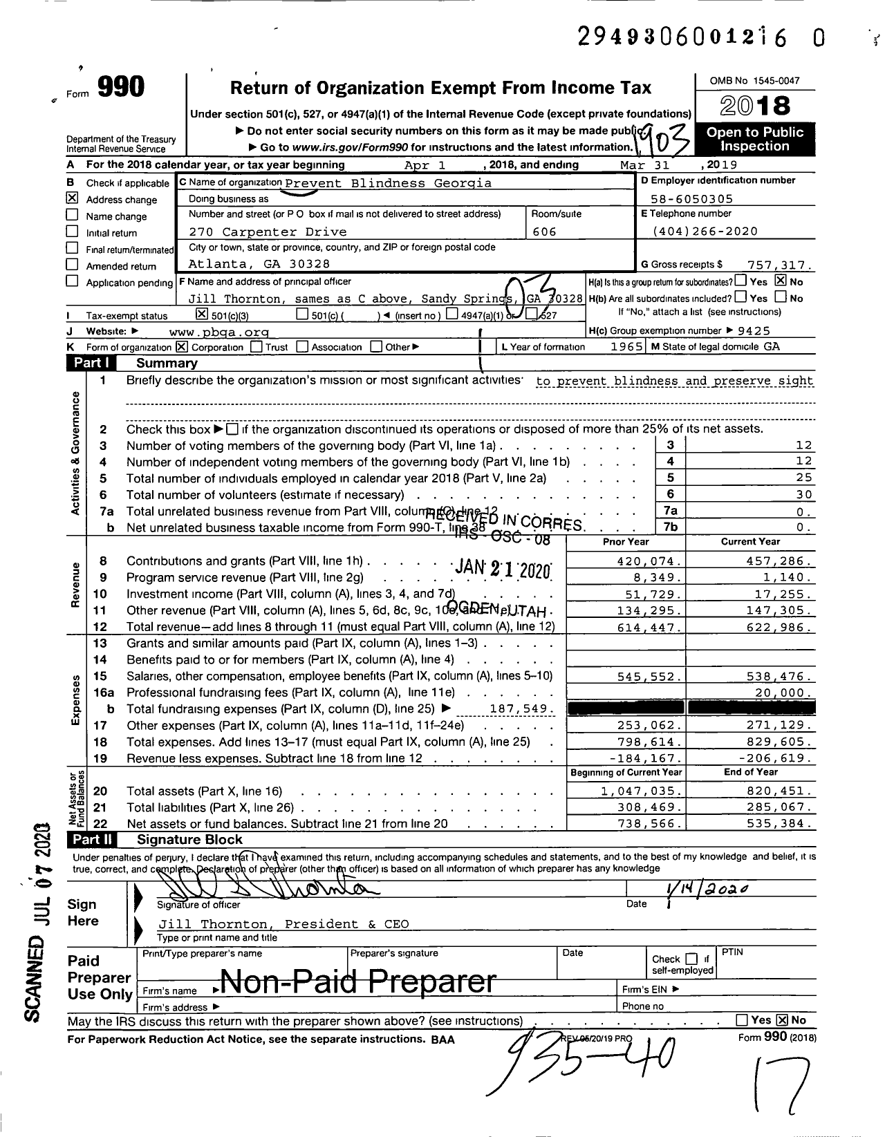 Image of first page of 2018 Form 990 for Prevent Blindness Georgia