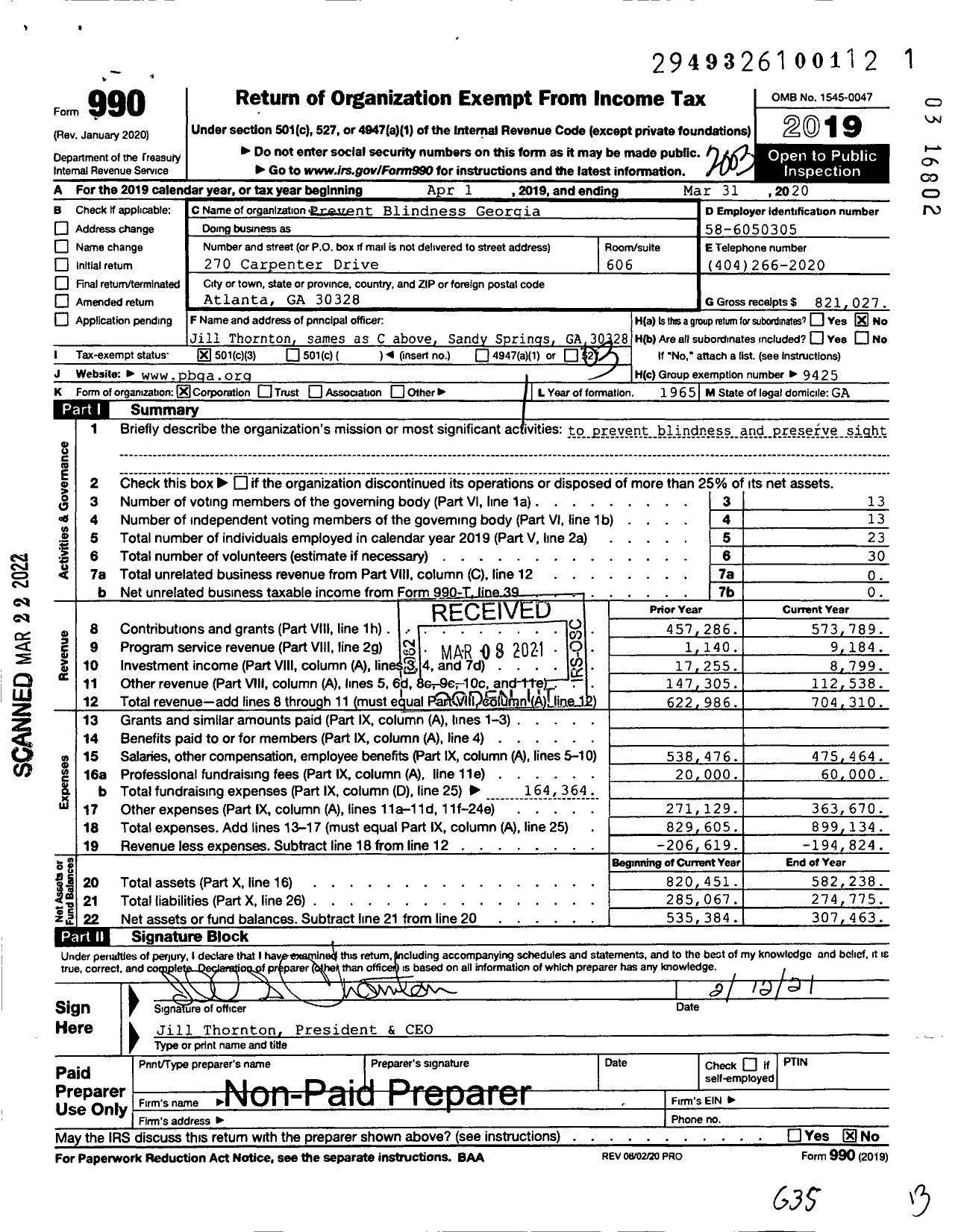 Image of first page of 2019 Form 990 for Prevent Blindness Georgia