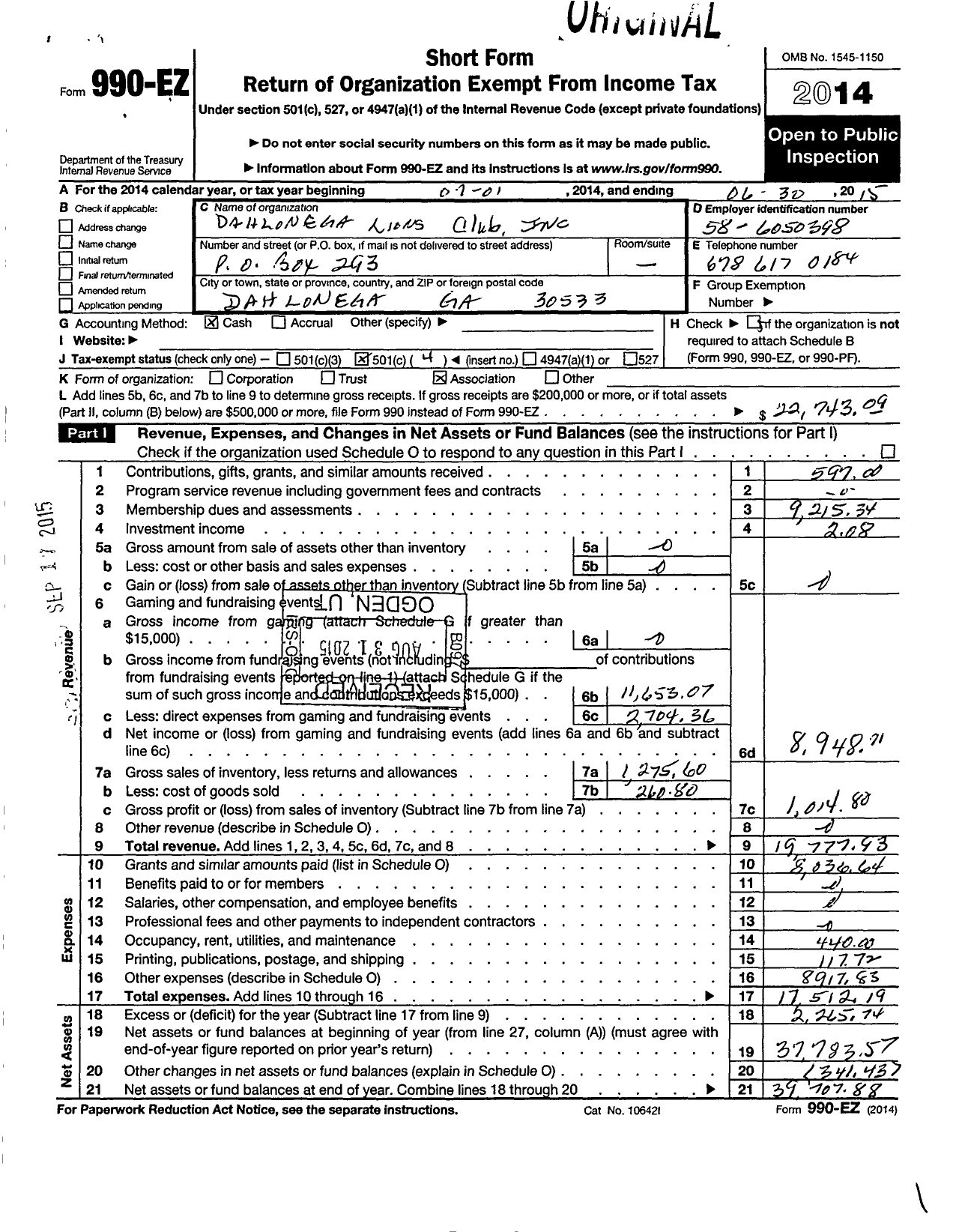 Image of first page of 2014 Form 990EO for Lions Clubs - 7446 Dahlonega