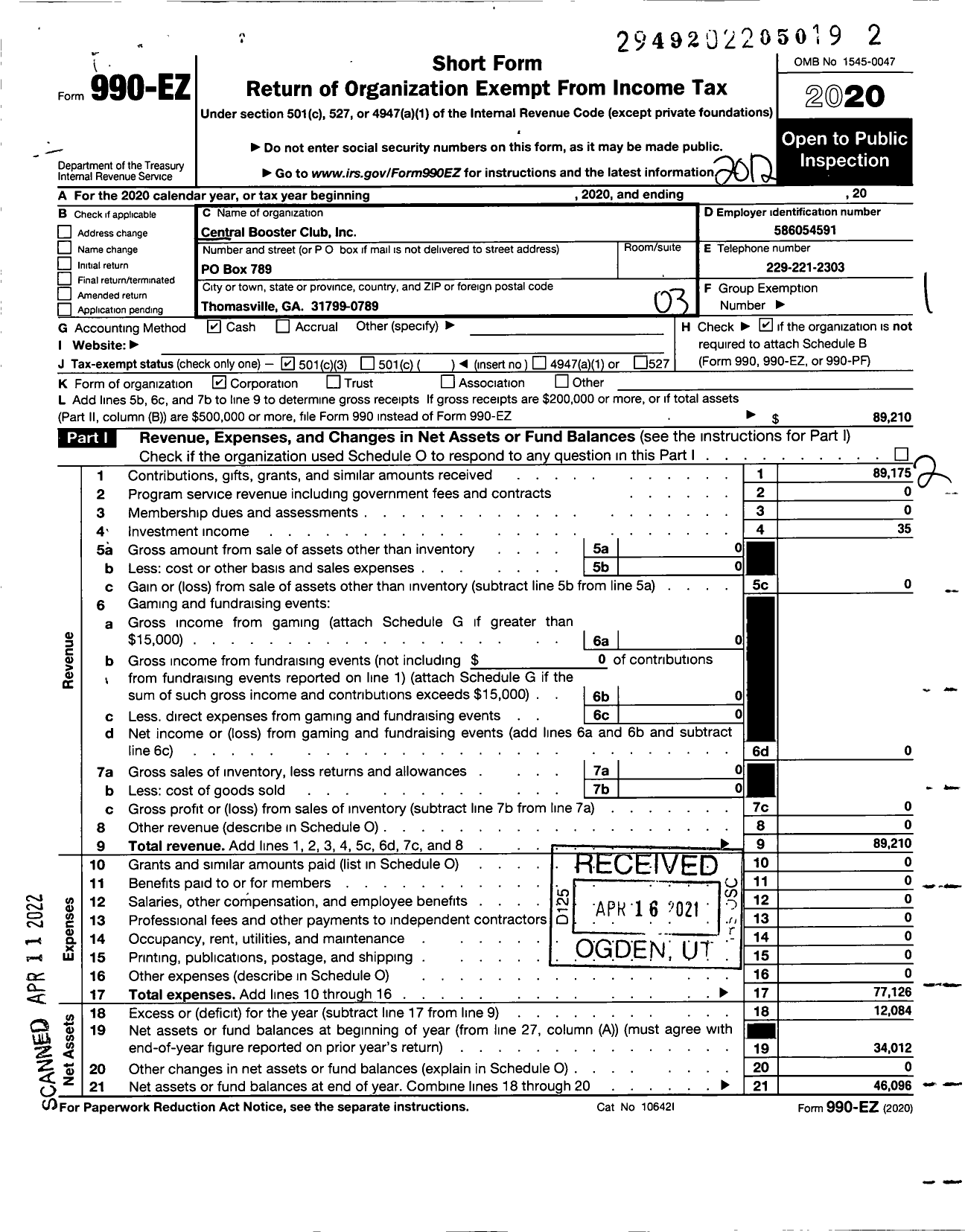 Image of first page of 2020 Form 990EZ for Central Booster Club Powell