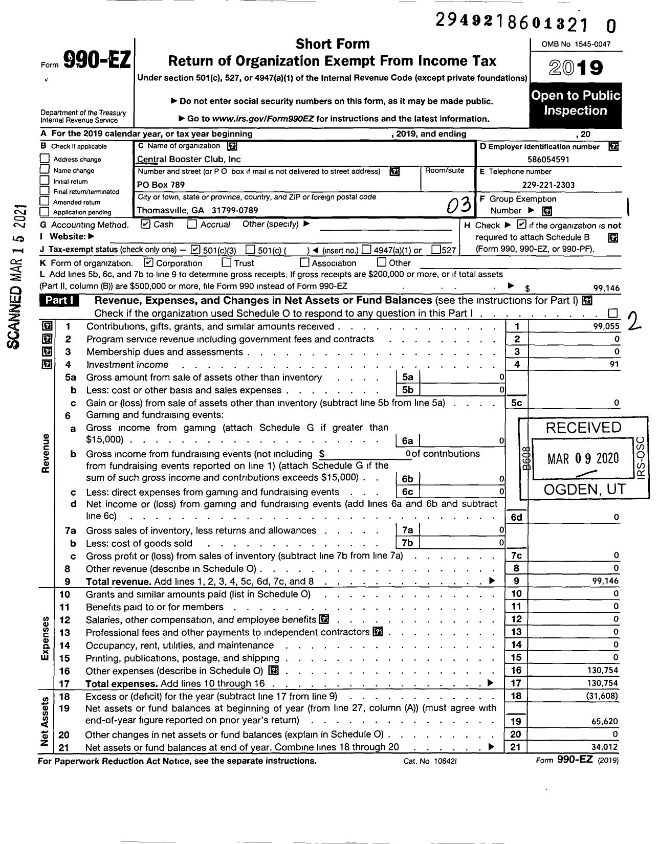 Image of first page of 2019 Form 990EZ for Central Booster Club Powell