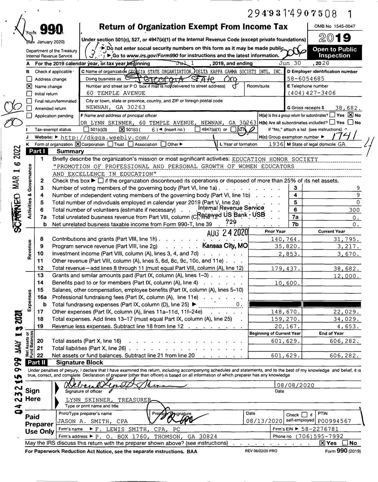 Image of first page of 2019 Form 990O for Delta Kappa Gamma Society - Ga State Organization