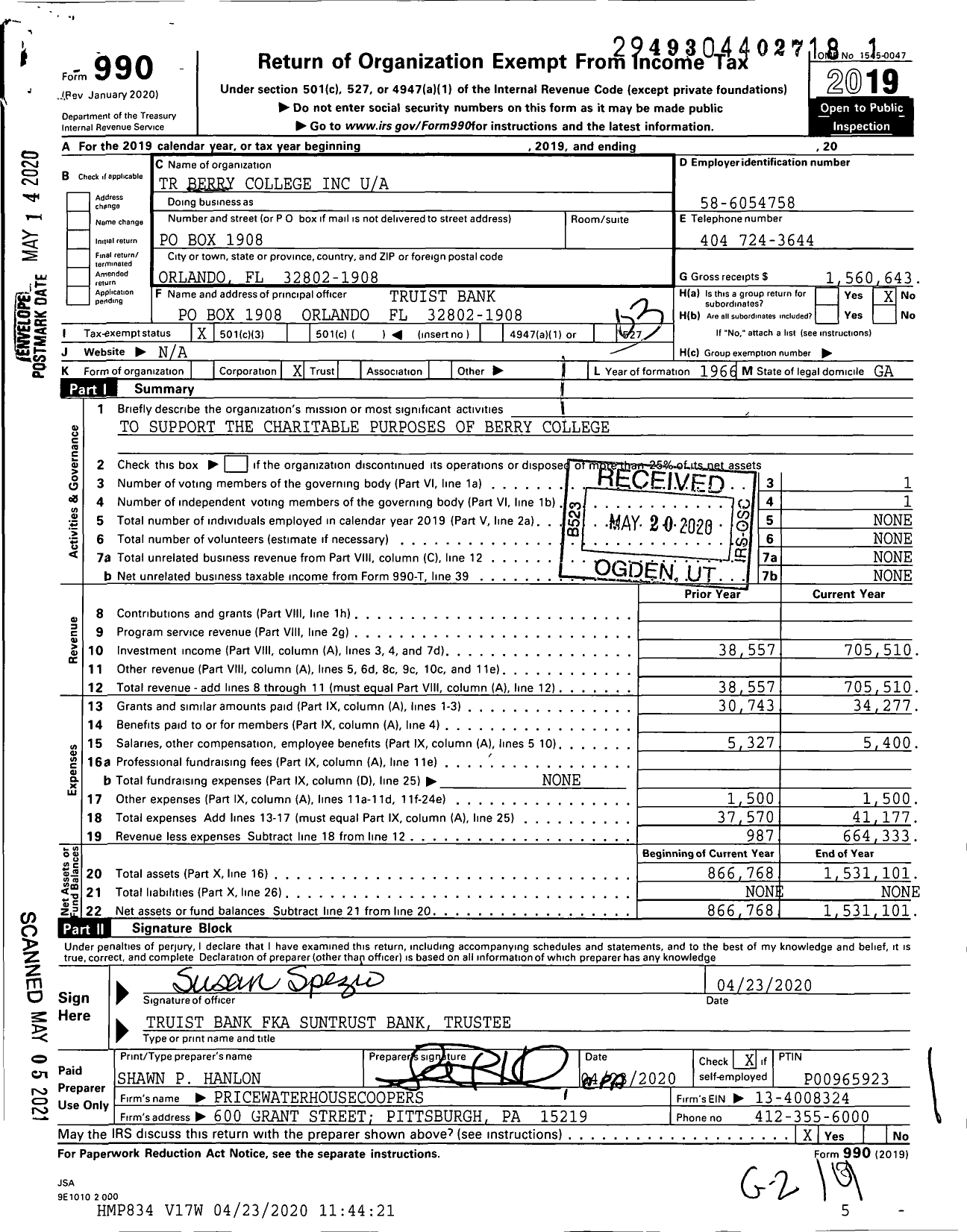 Image of first page of 2019 Form 990 for Berry Col H Gund Trust