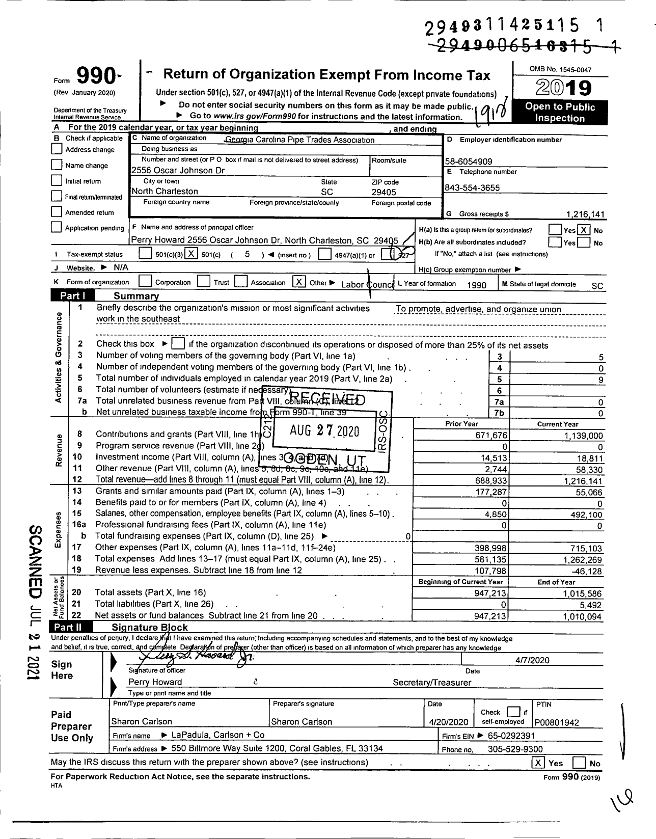 Image of first page of 2019 Form 990O for United Association - Georgia Carolina Pipetrades Association