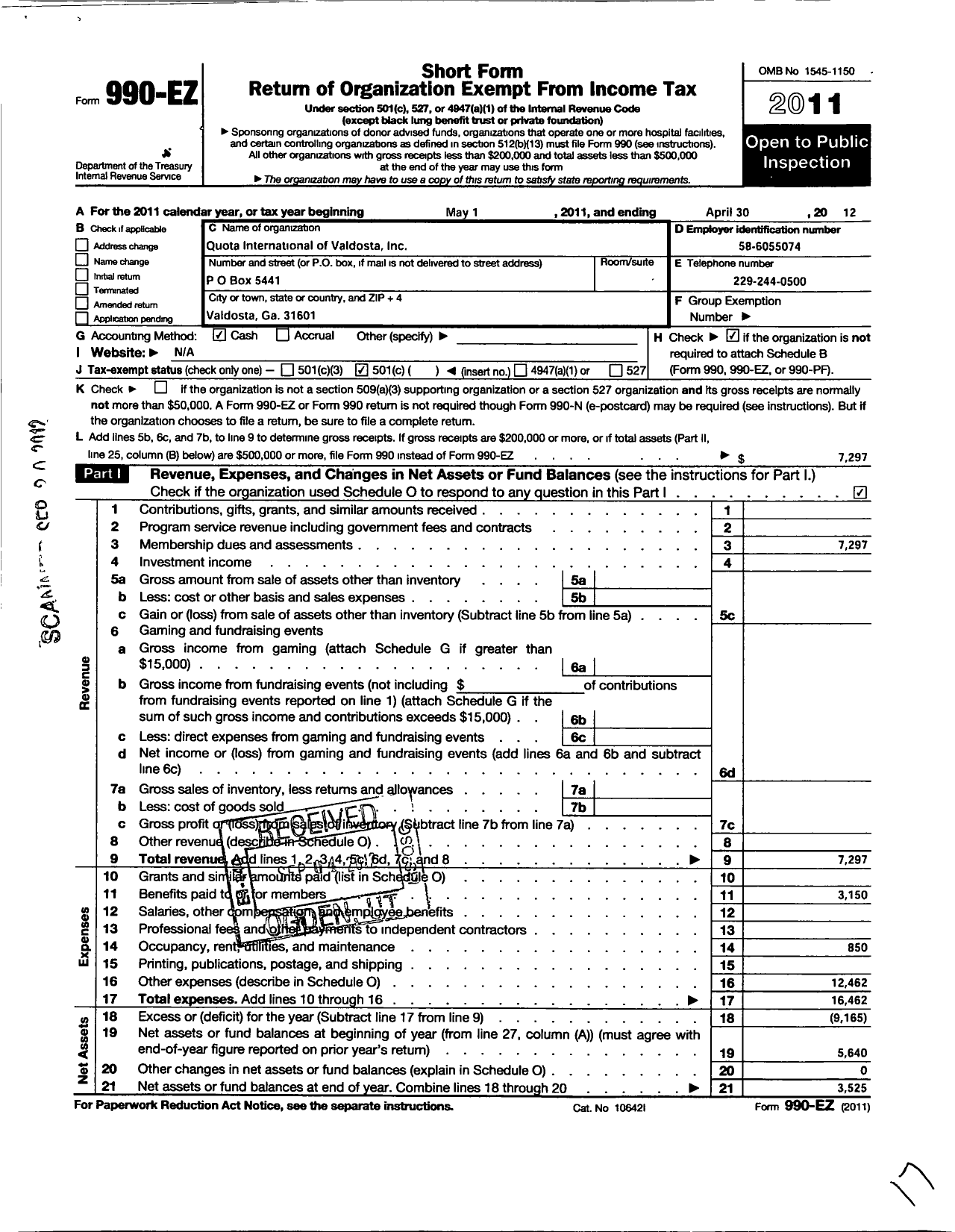 Image of first page of 2011 Form 990EO for Quota Club International / Quota International of Valdosta Inc