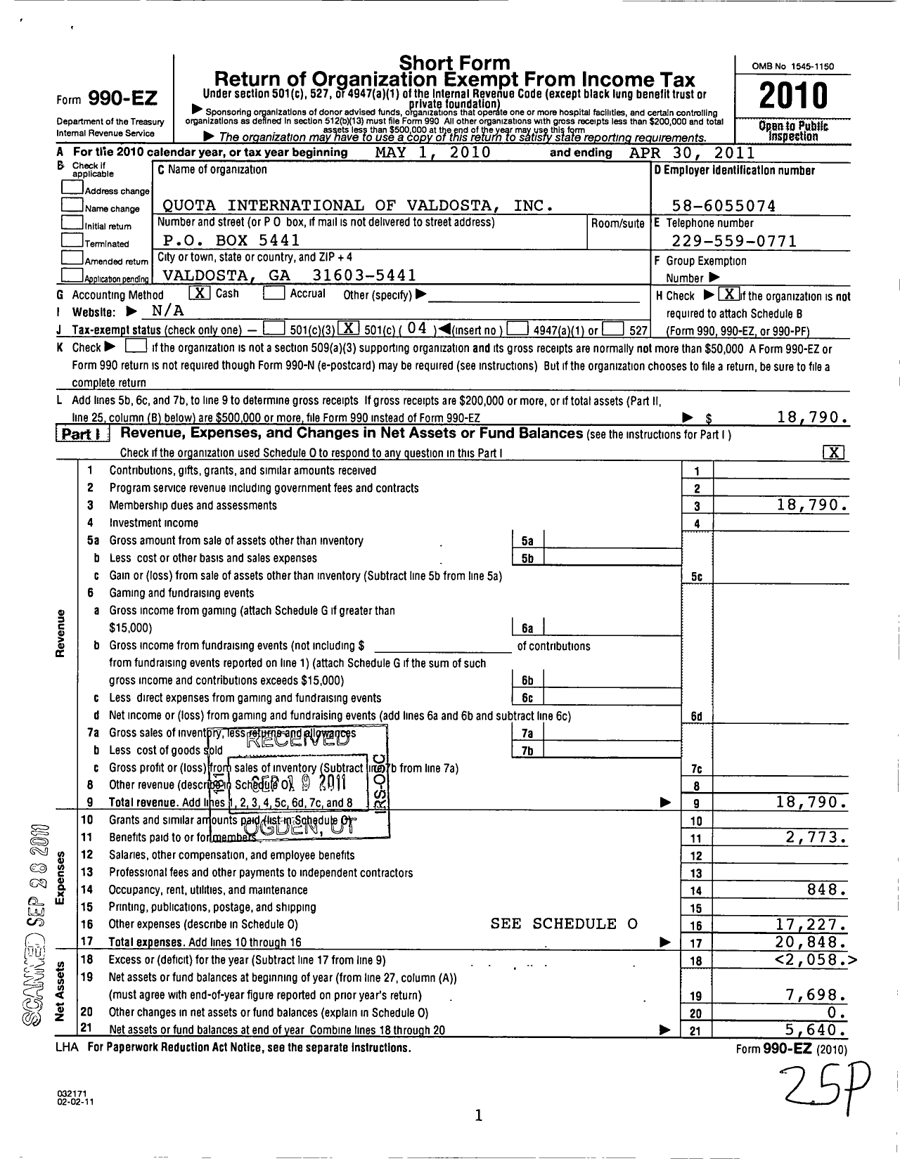 Image of first page of 2010 Form 990EO for Quota Club International / Quota International of Valdosta Inc