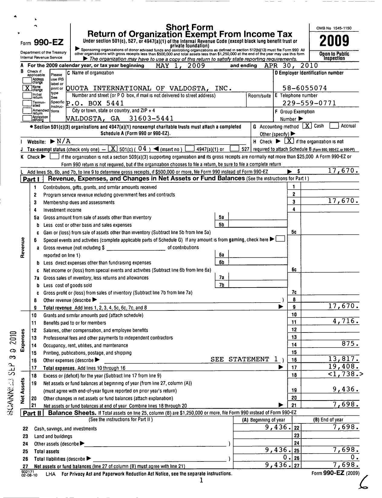 Image of first page of 2009 Form 990EO for Quota Club International / Quota International of Valdosta Inc