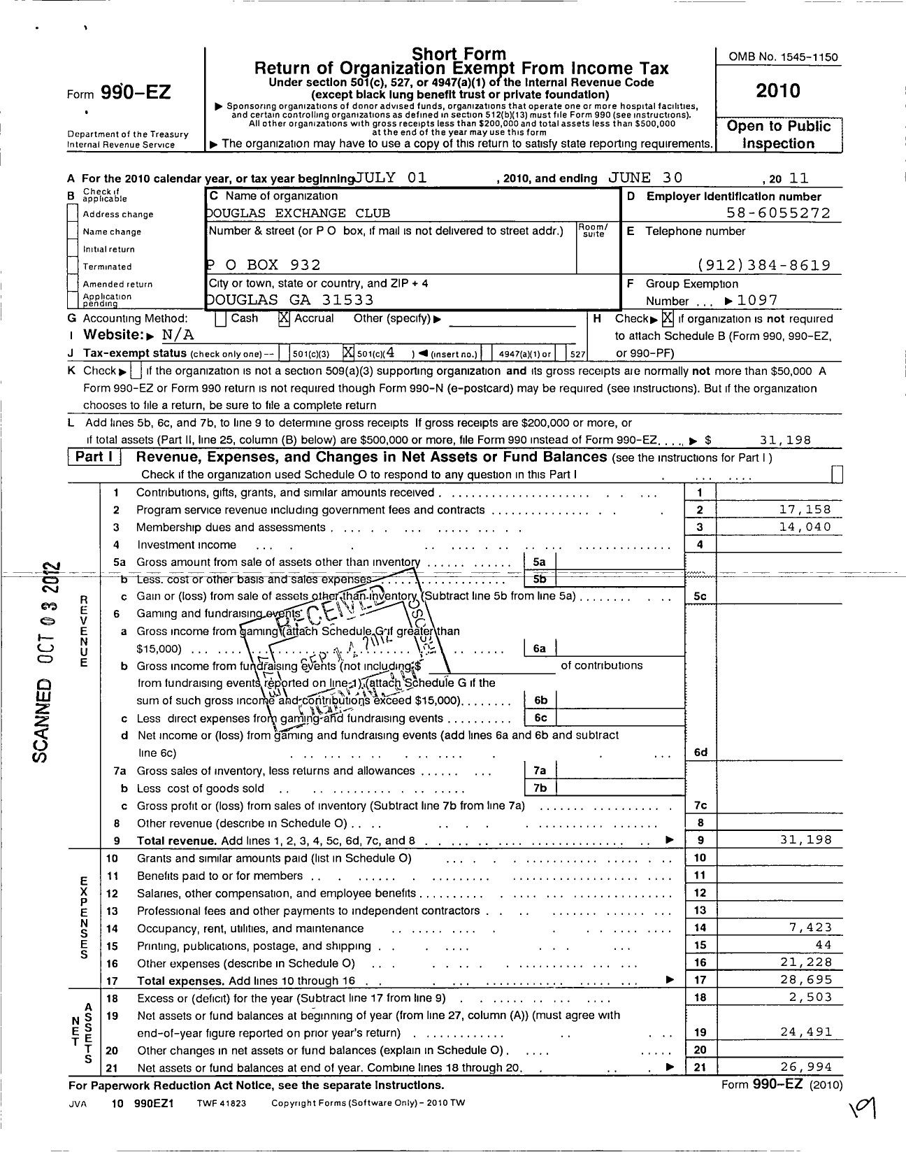 Image of first page of 2010 Form 990EO for National Exchange Club - 1350 Douglas Ga