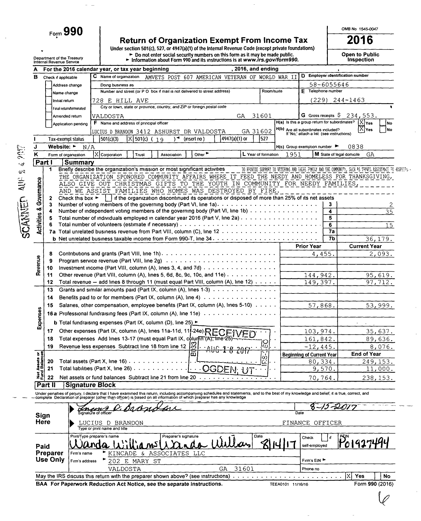 Image of first page of 2016 Form 990O for Amvets - 0607 Ga