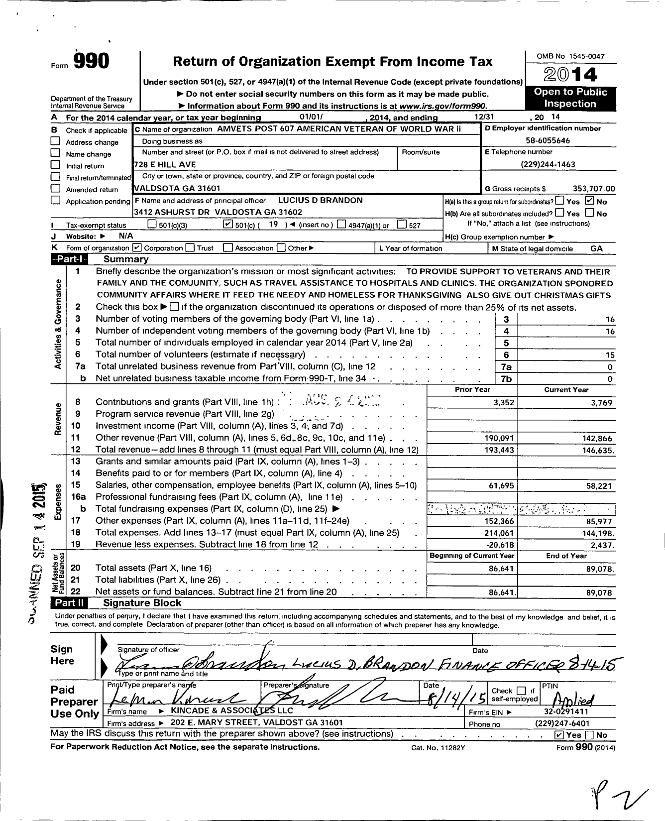 Image of first page of 2014 Form 990O for Amvets - 0607 Ga