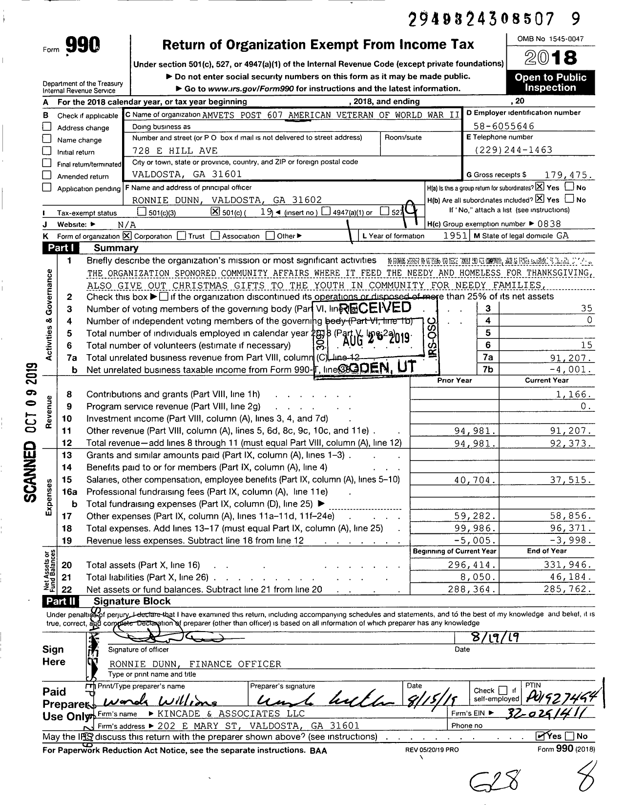 Image of first page of 2018 Form 990O for Amvets - 0607 Ga