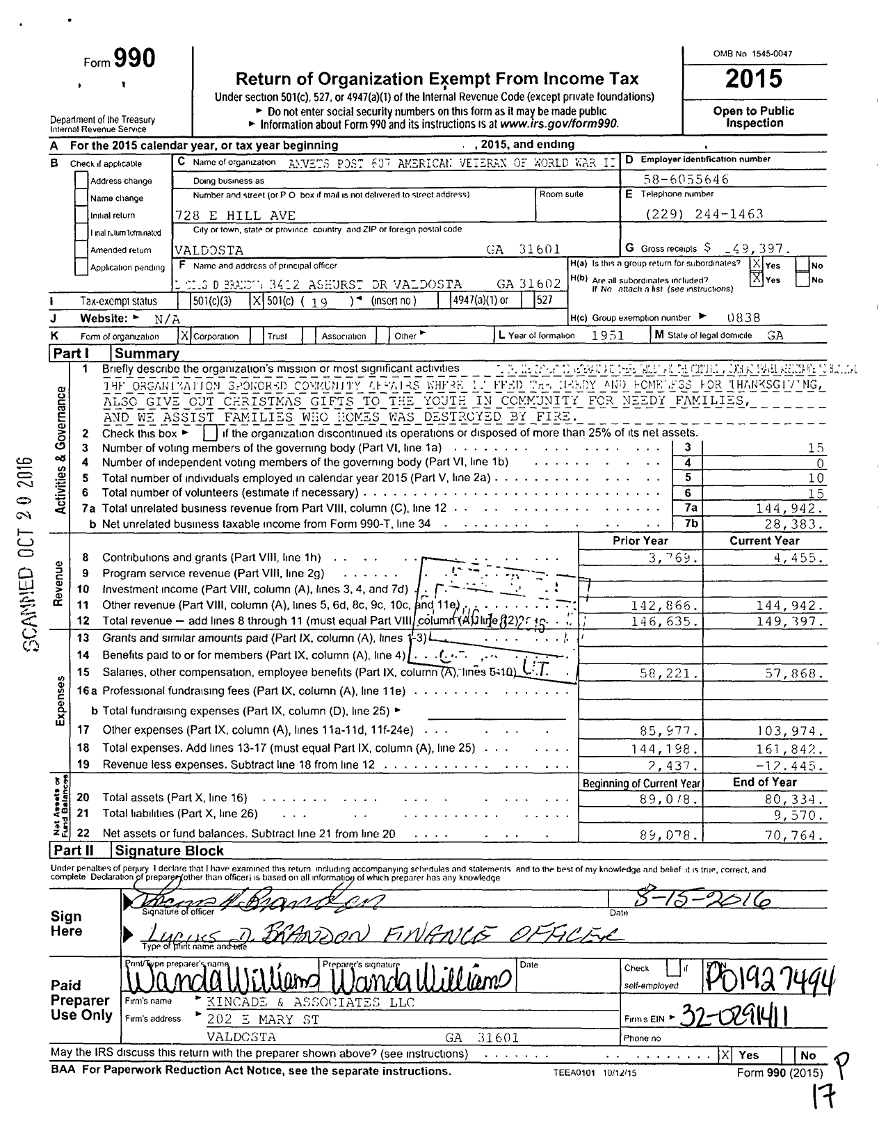 Image of first page of 2015 Form 990O for Amvets - 0607 Ga