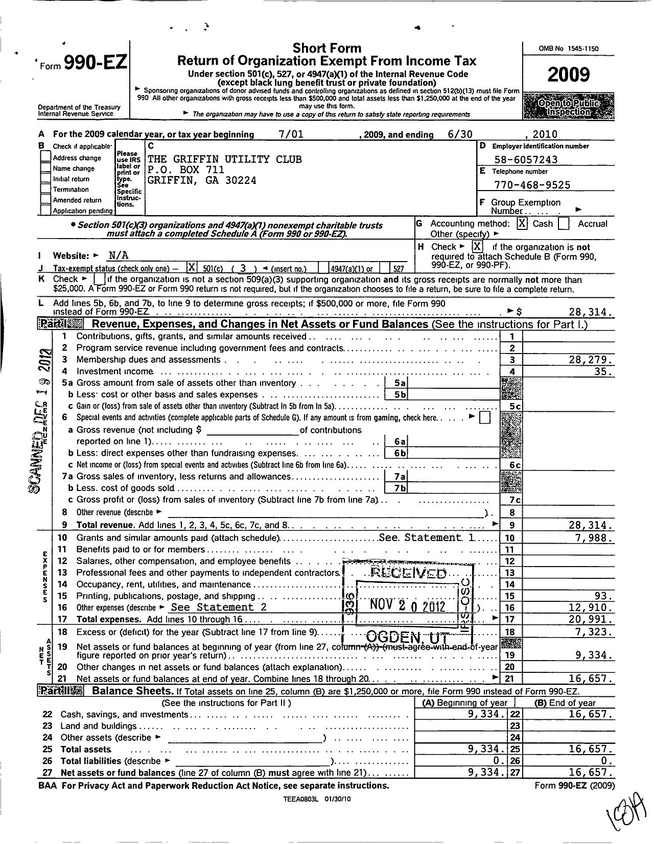 Image of first page of 2009 Form 990EZ for The Utility Club of Griffin