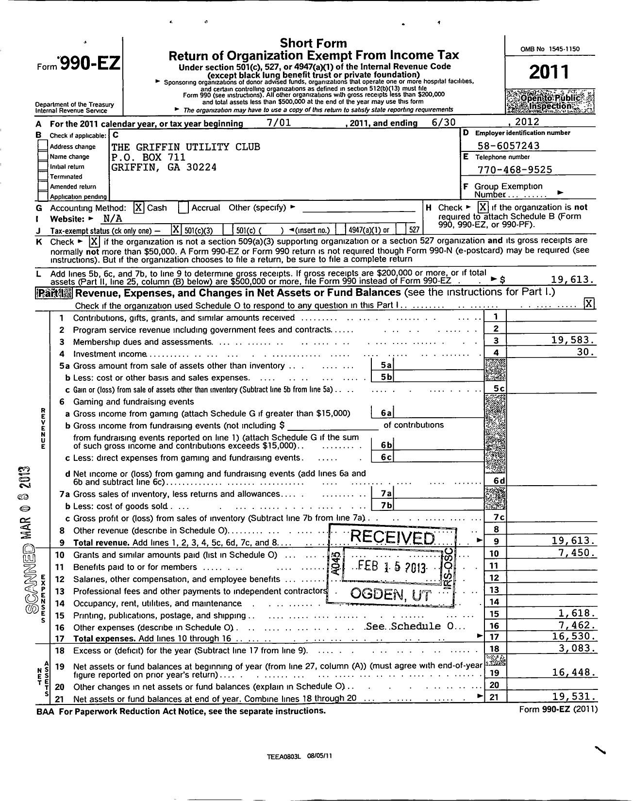 Image of first page of 2011 Form 990EZ for The Utility Club of Griffin