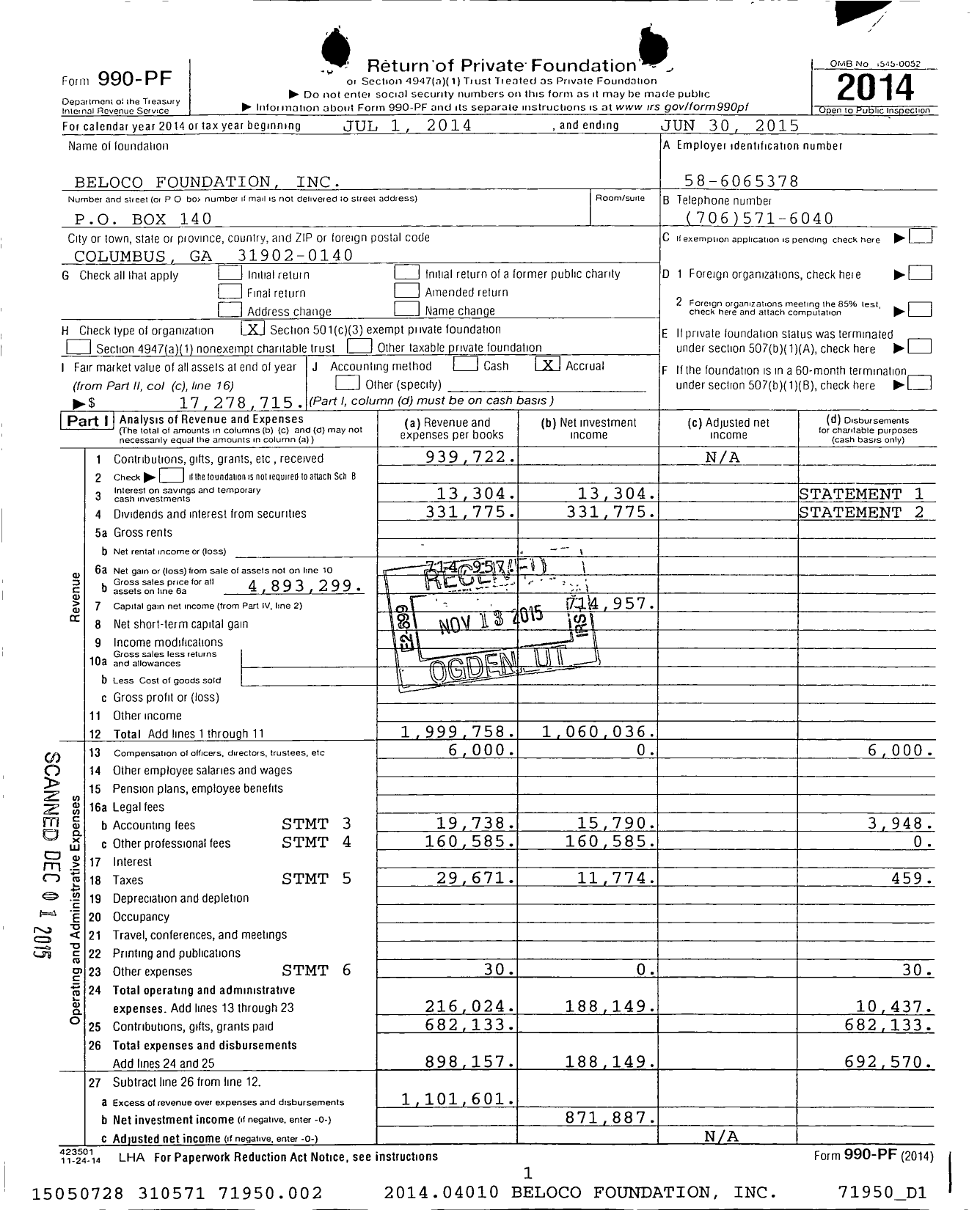 Image of first page of 2014 Form 990PF for Beloco Foundation
