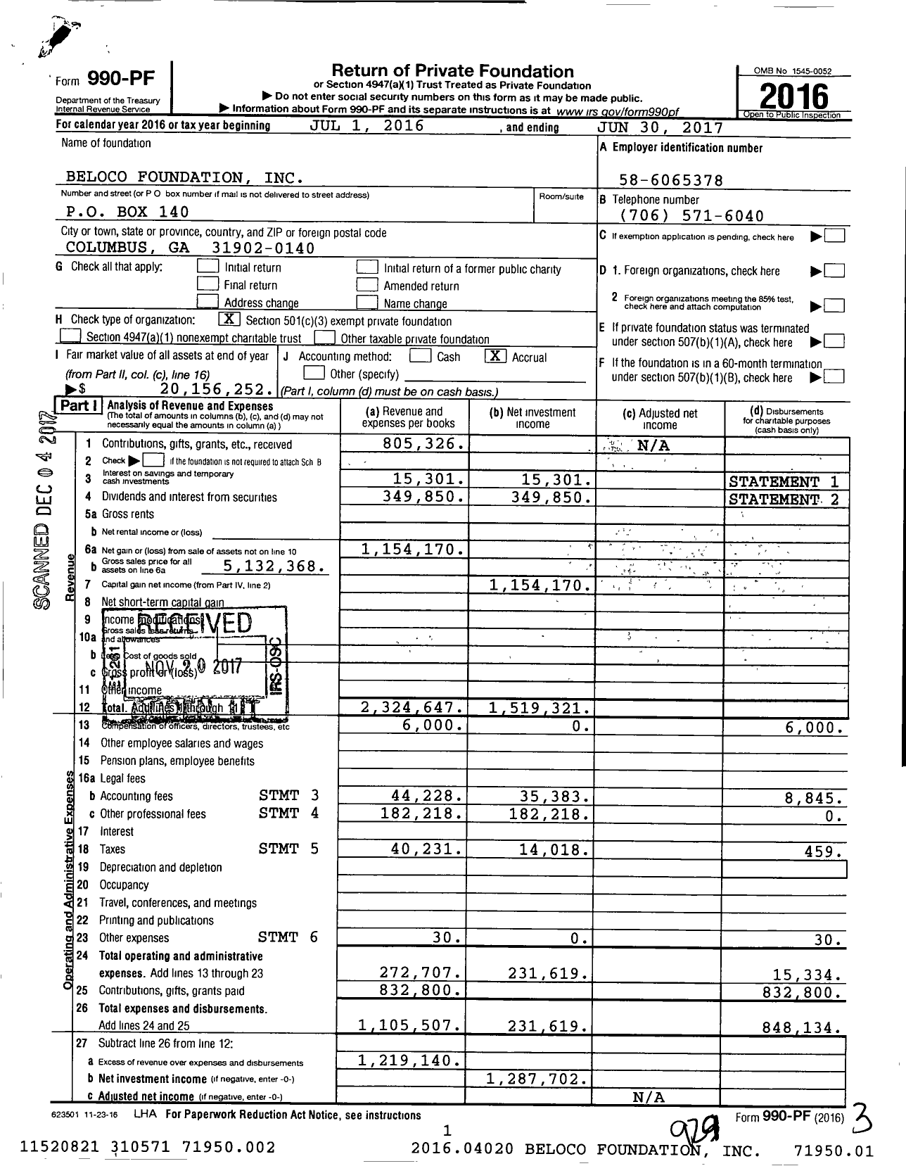 Image of first page of 2016 Form 990PF for Beloco Foundation
