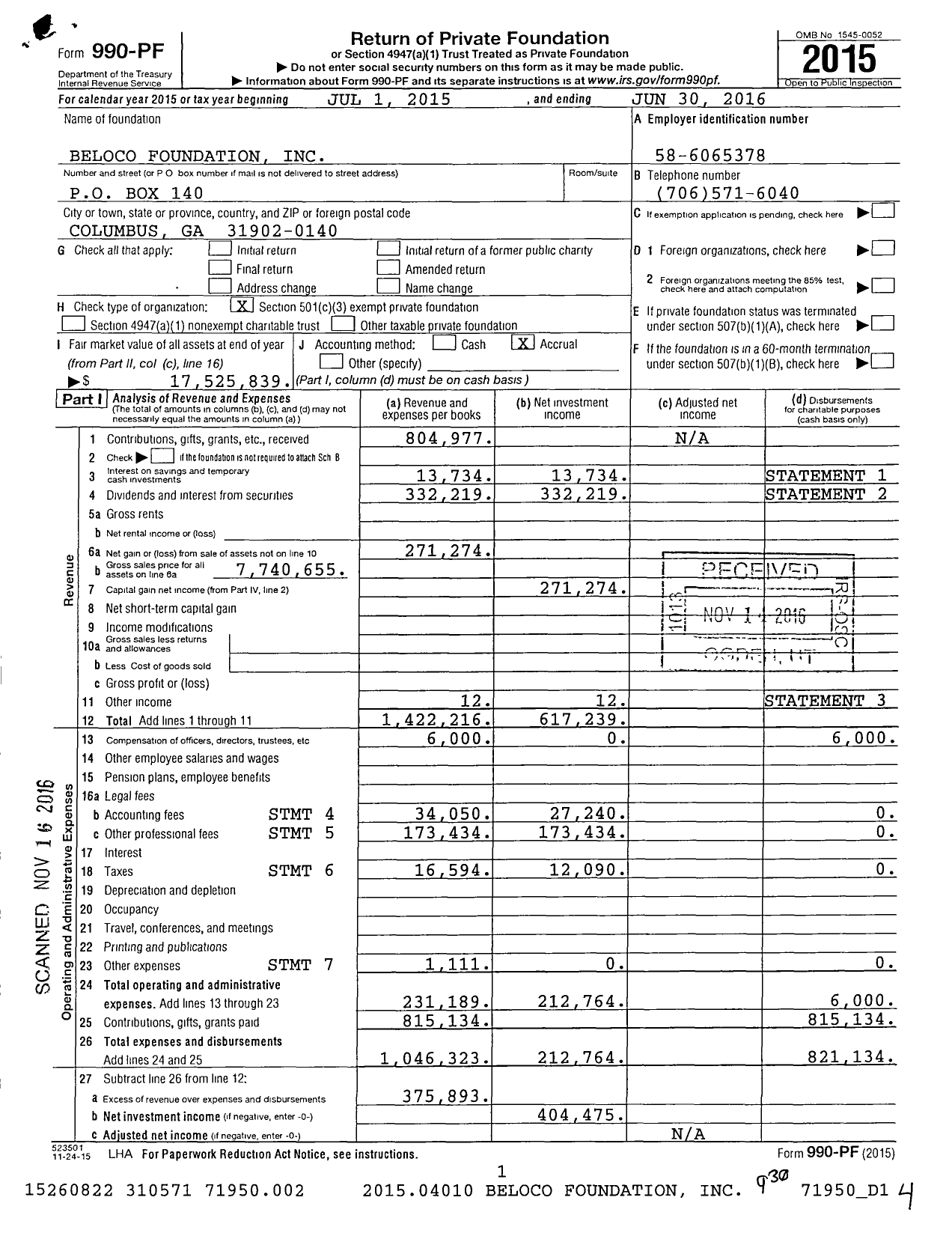 Image of first page of 2015 Form 990PF for Beloco Foundation