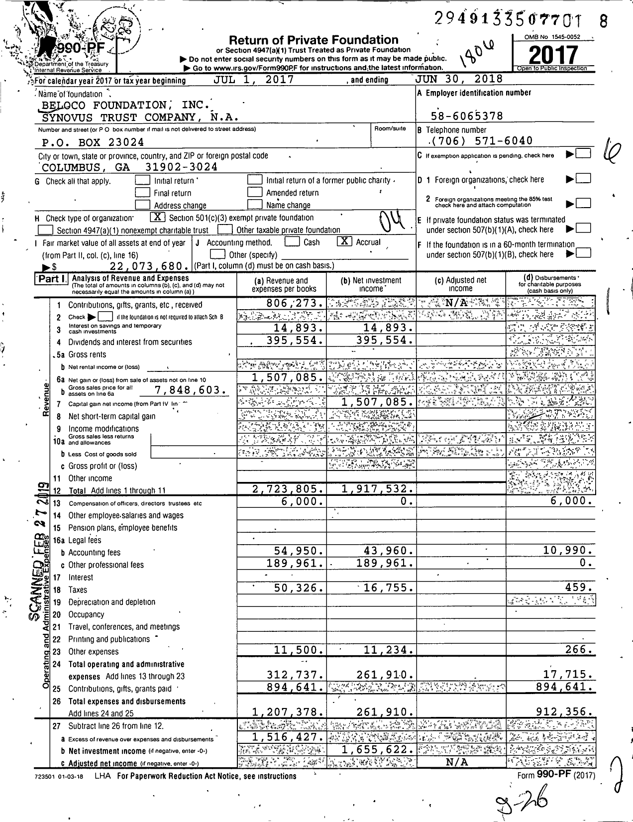 Image of first page of 2017 Form 990PF for Beloco Foundation