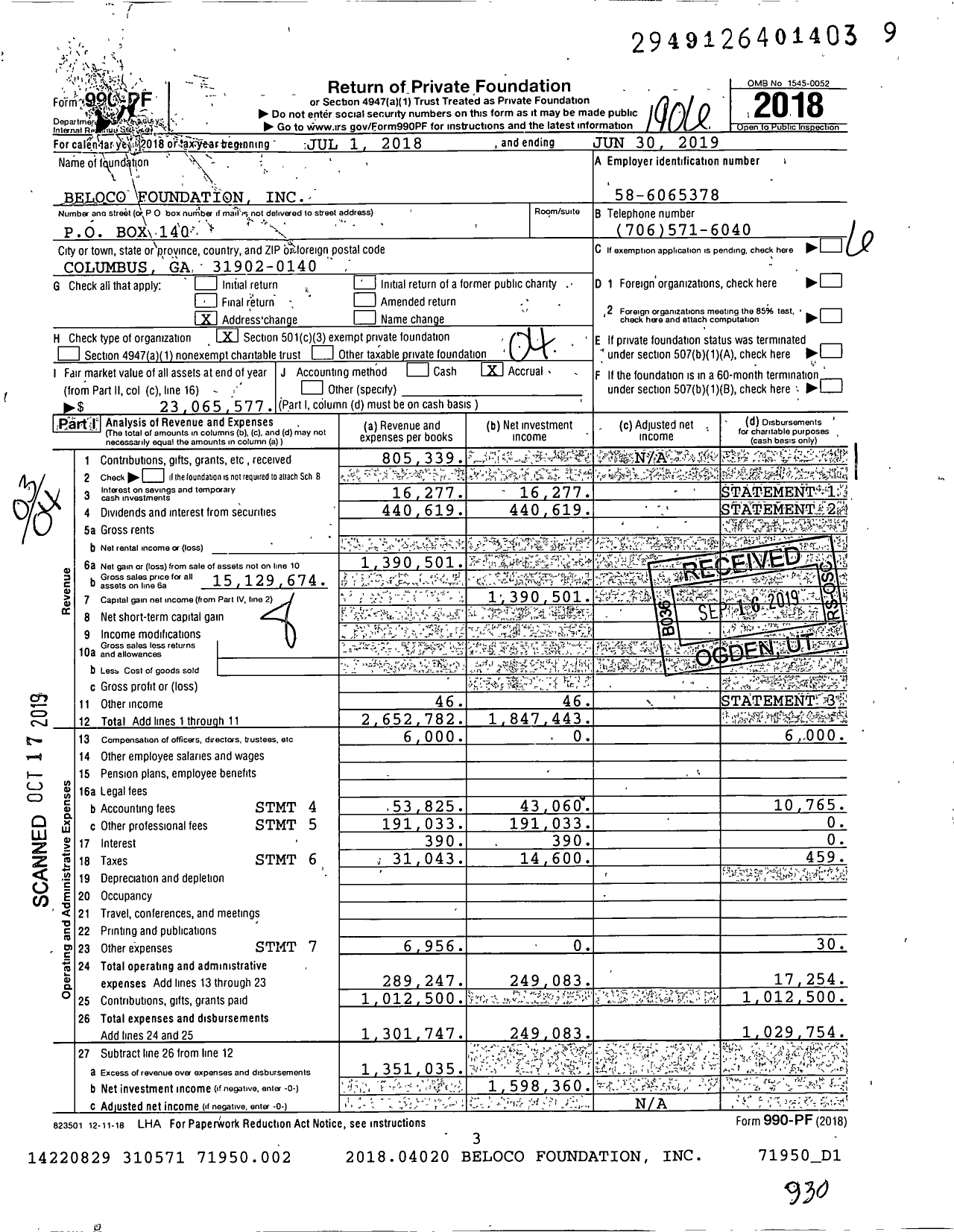 Image of first page of 2018 Form 990PF for Beloco Foundation