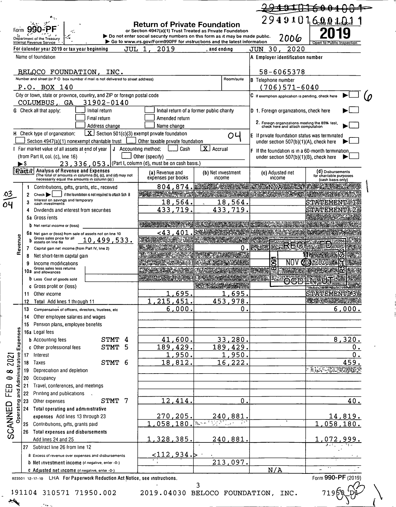 Image of first page of 2019 Form 990PF for Beloco Foundation