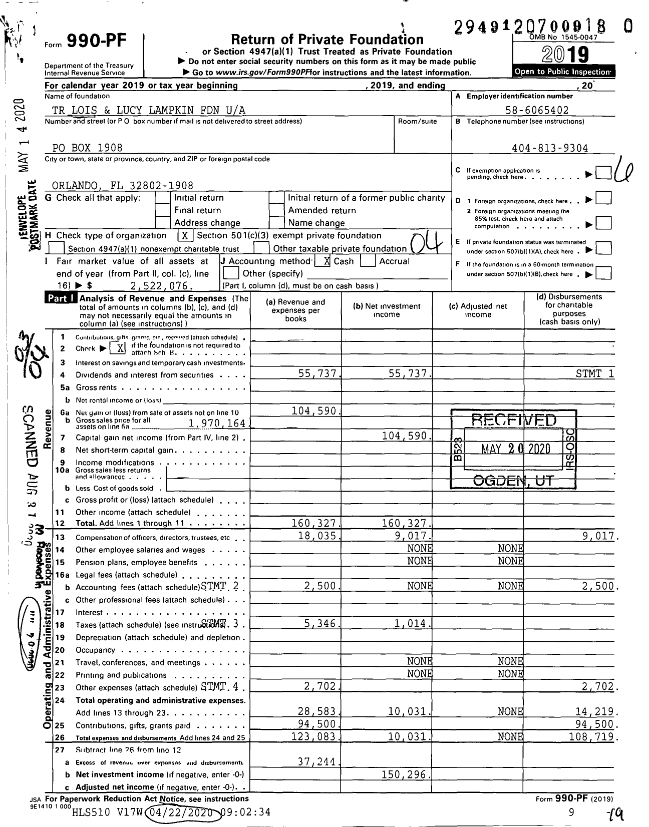 Image of first page of 2019 Form 990PR for TR Lois and Lucy Lampkin Foundation