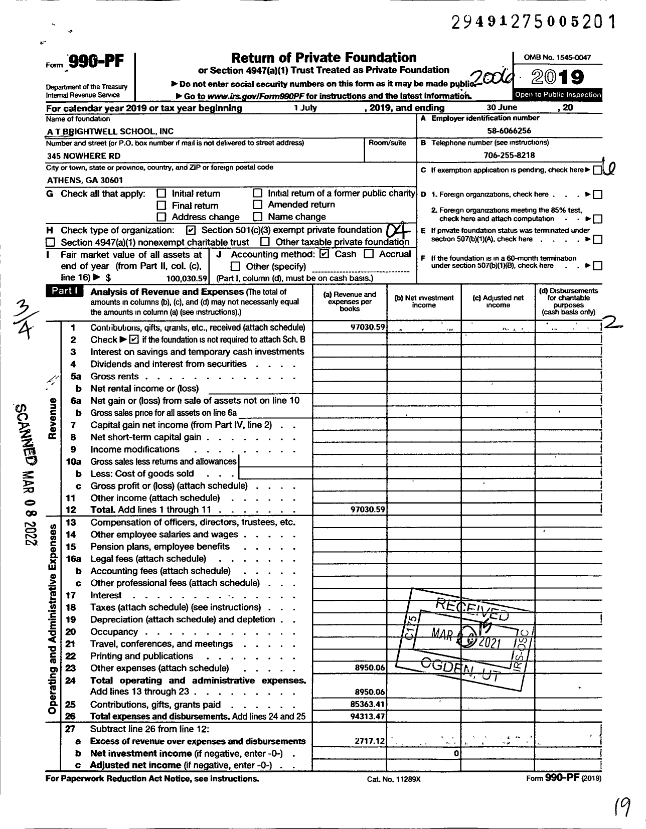 Image of first page of 2019 Form 990PF for A T Brightwell School