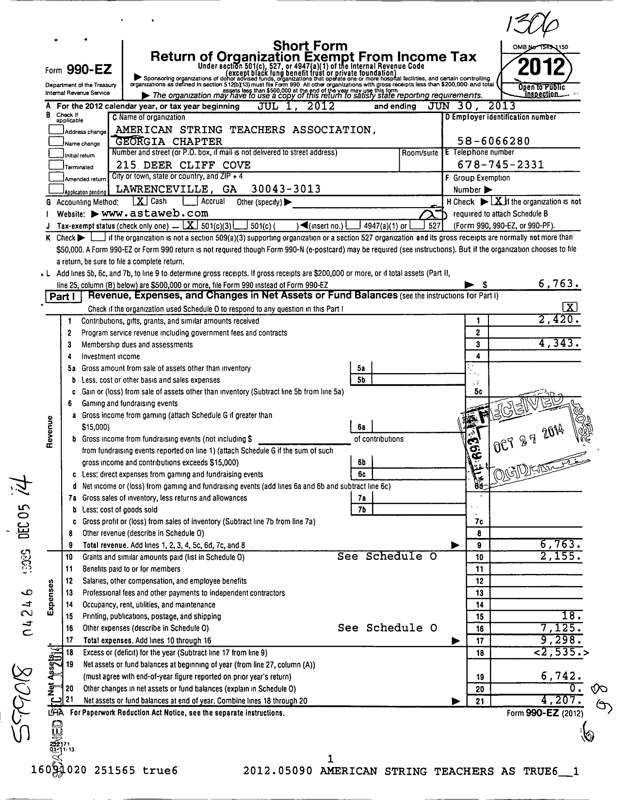 Image of first page of 2012 Form 990EZ for American String Teachers Association Incorporated / Georgia Chapter