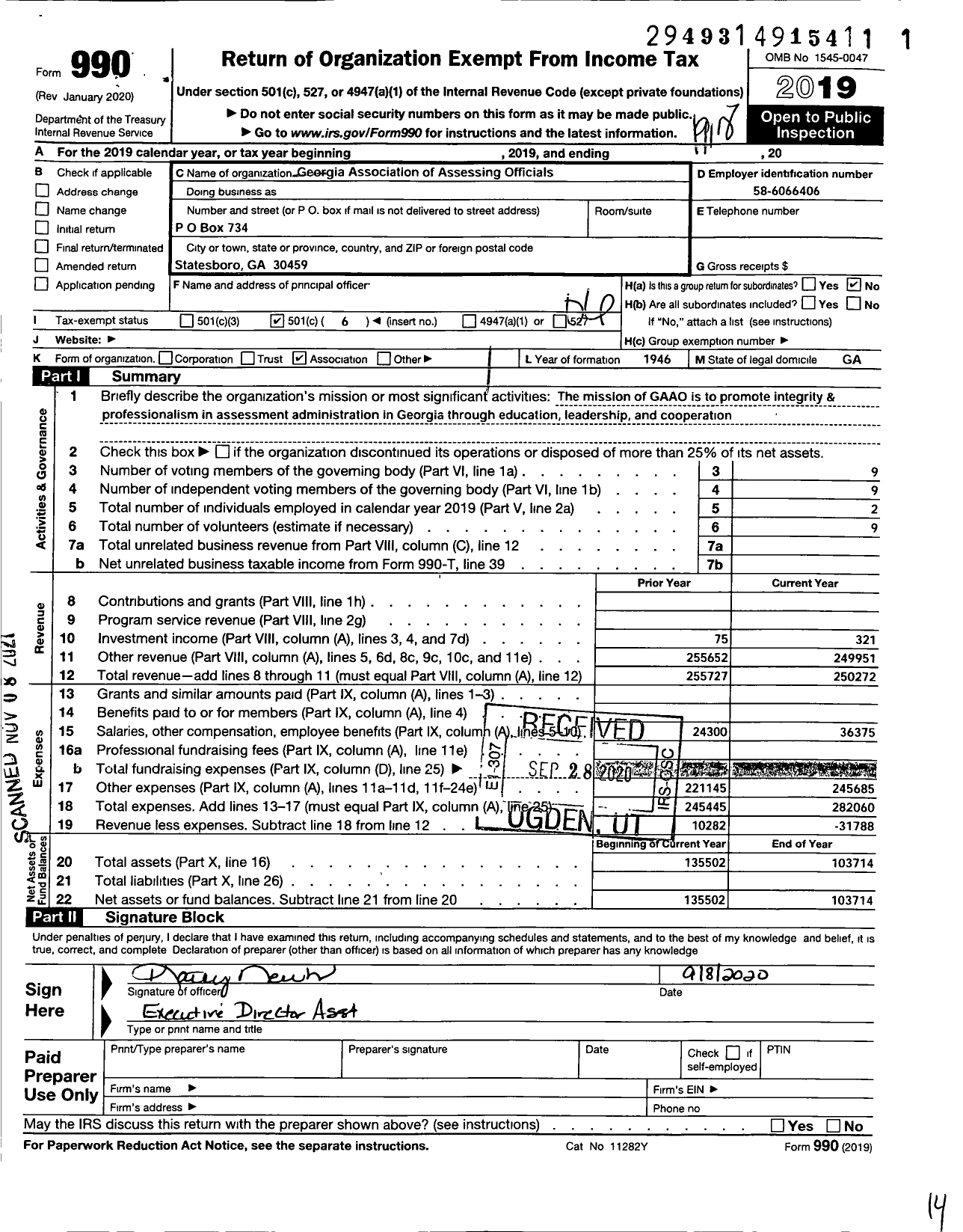 Image of first page of 2019 Form 990O for Georgia Association of Assessing Officials