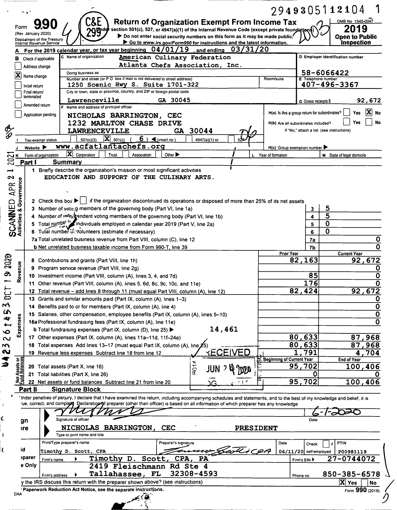 Image of first page of 2019 Form 990O for American Culinary Federation Atlanta Chefs Association