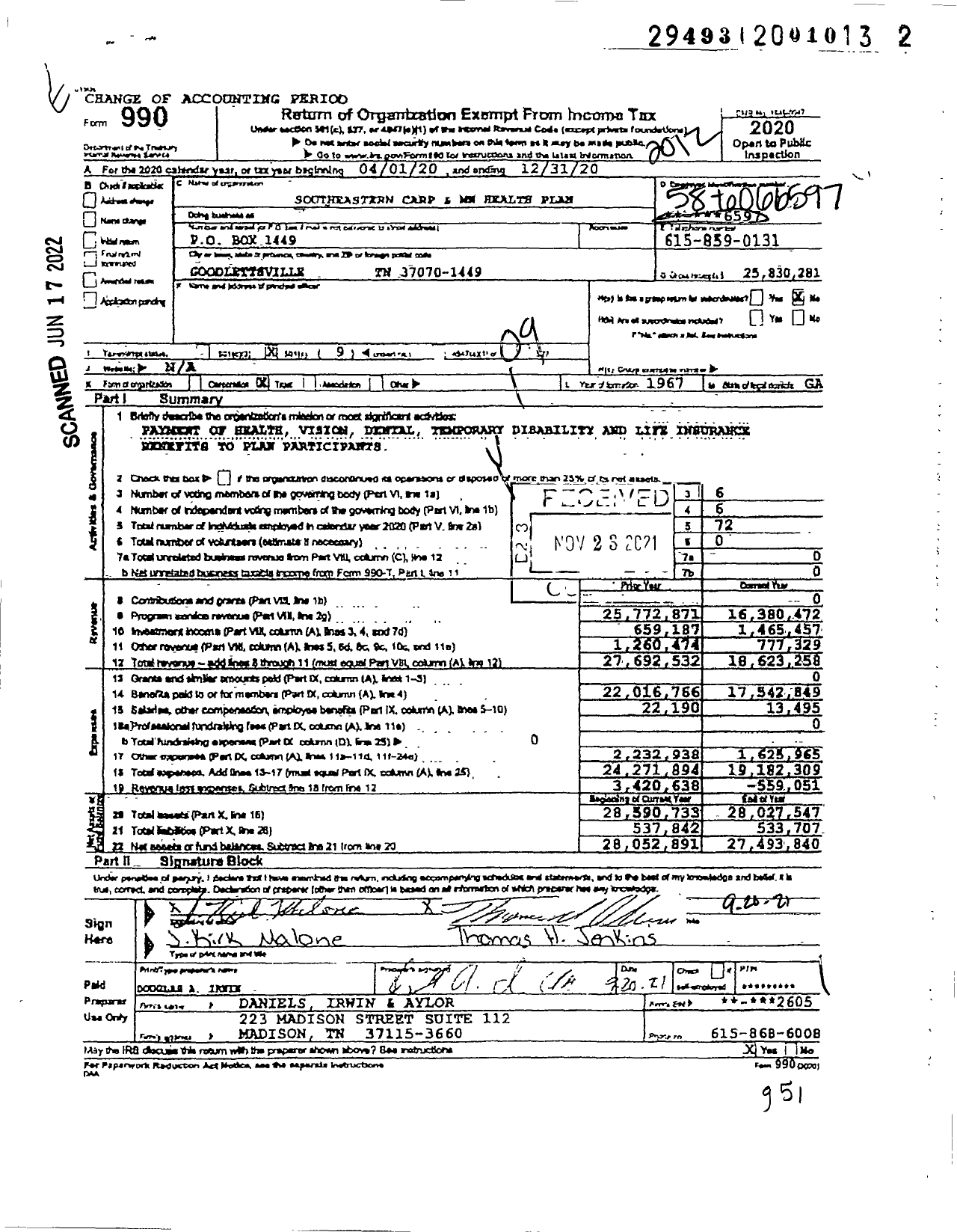 Image of first page of 2020 Form 990O for Southeastern Carp and MW Health Plan Carp and Millwrights Health Plan