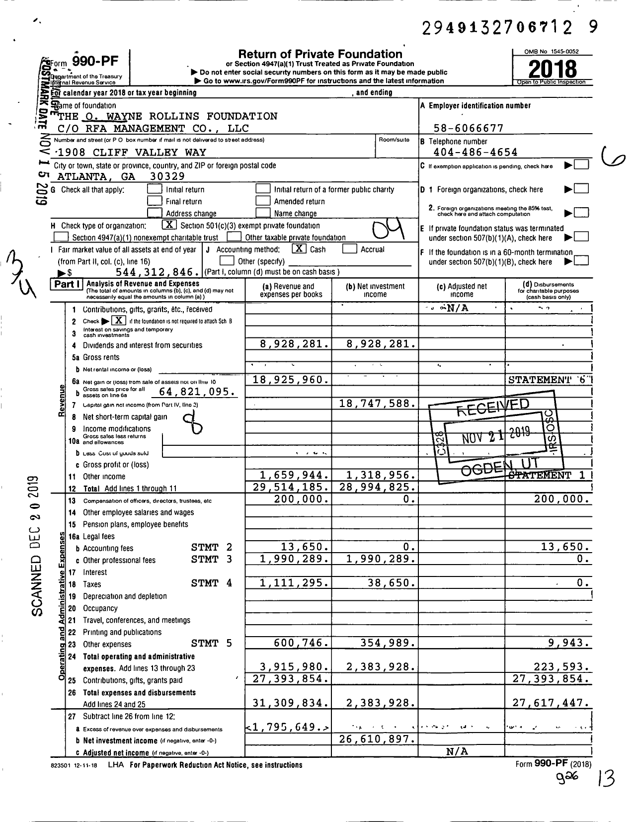 Image of first page of 2018 Form 990PF for The O Wayne Rollins Foundation