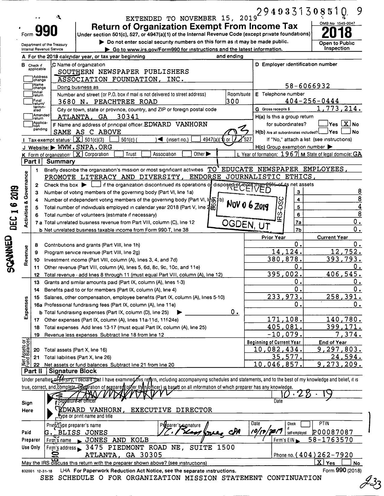 Image of first page of 2018 Form 990 for Southern Newspaper Publishers Association Foundation