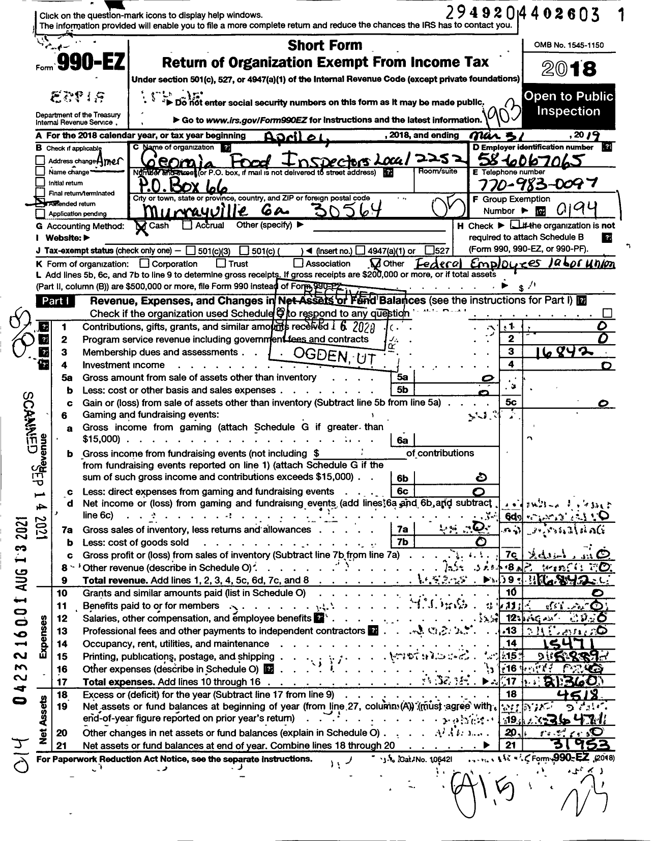 Image of first page of 2018 Form 990EO for American Federation of Government Employees - 2252 Afge Usda Local