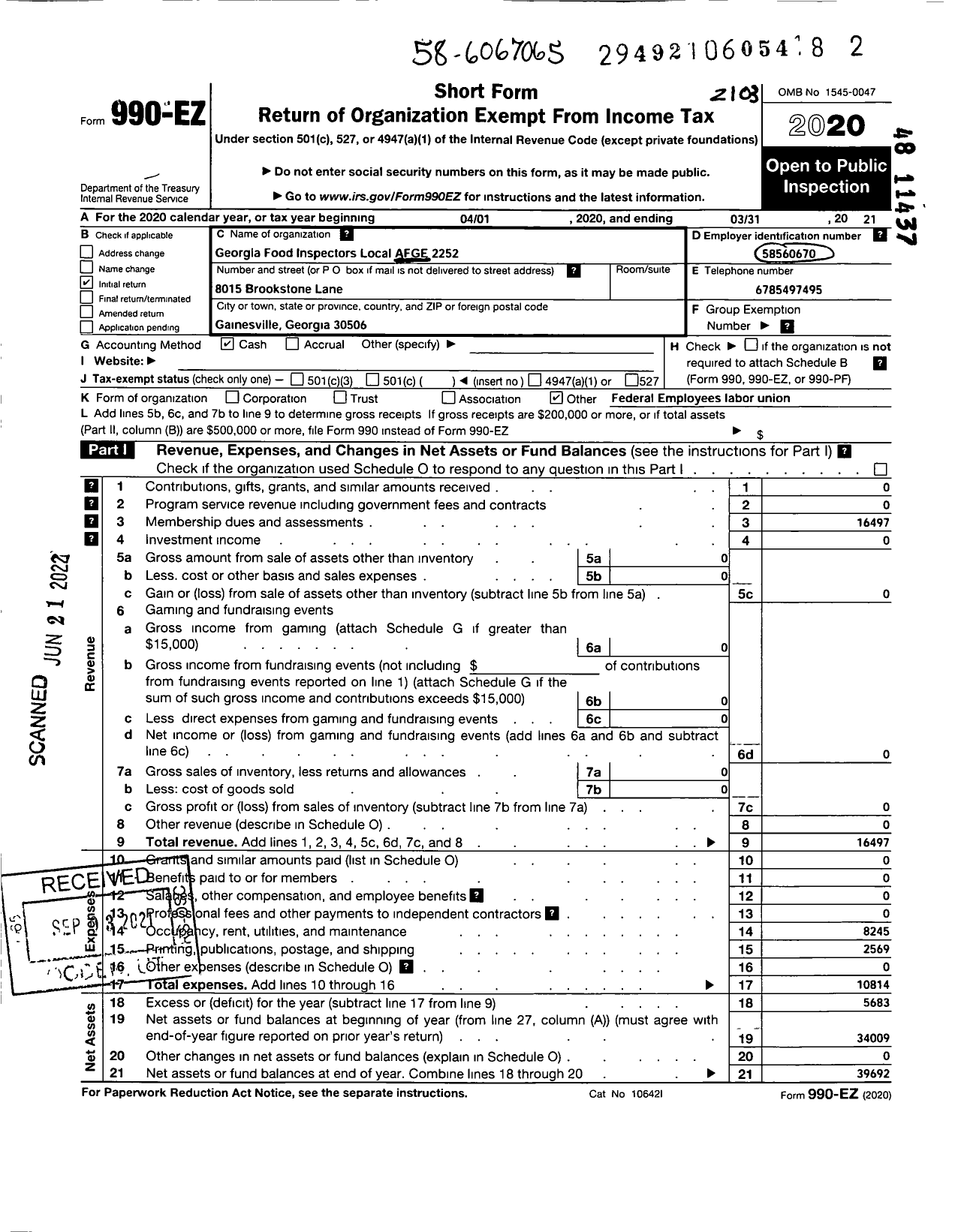 Image of first page of 2020 Form 990EO for American Federation of Government Employees - 2252 Afge Usda Local