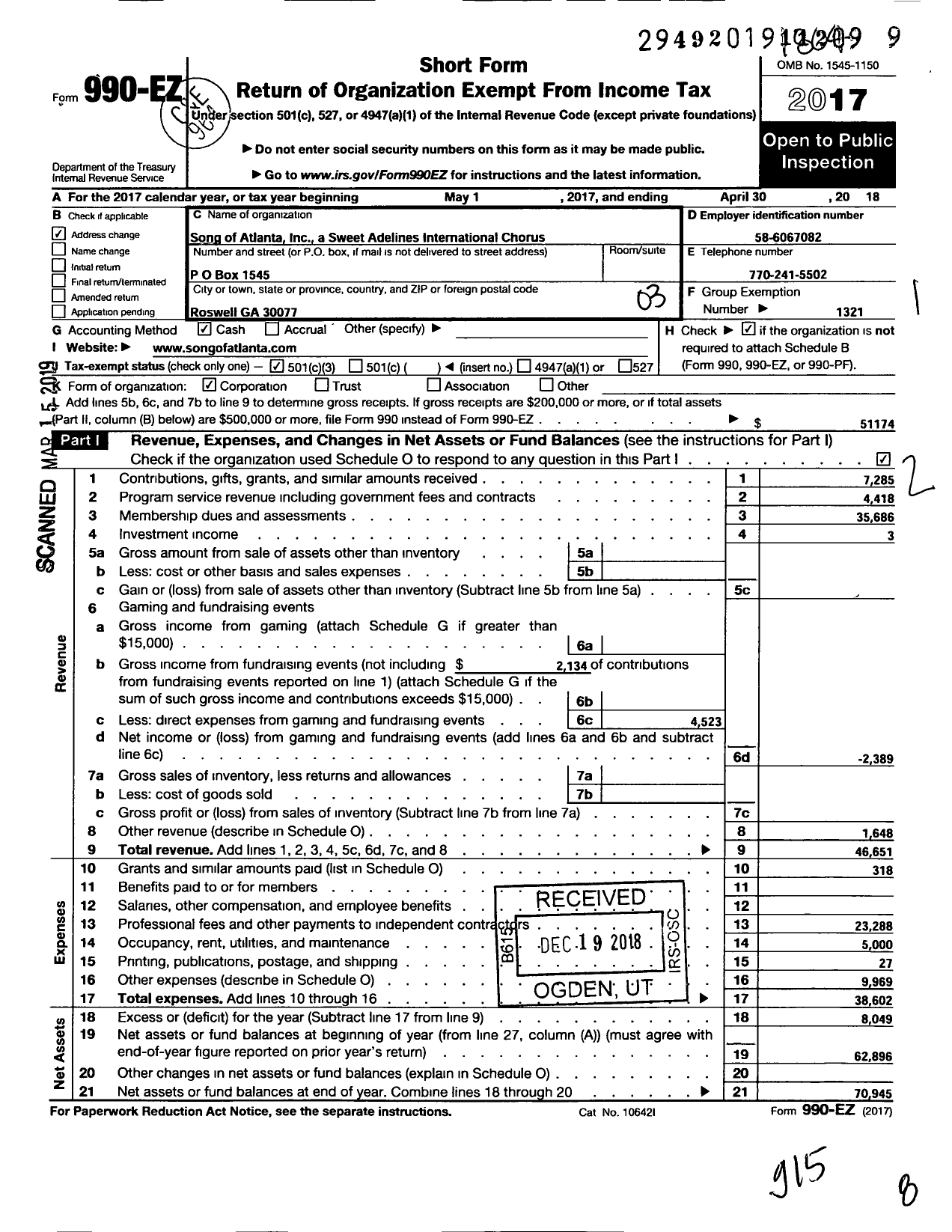 Image of first page of 2017 Form 990EZ for Sweet Adelines International - Song of Atlanta